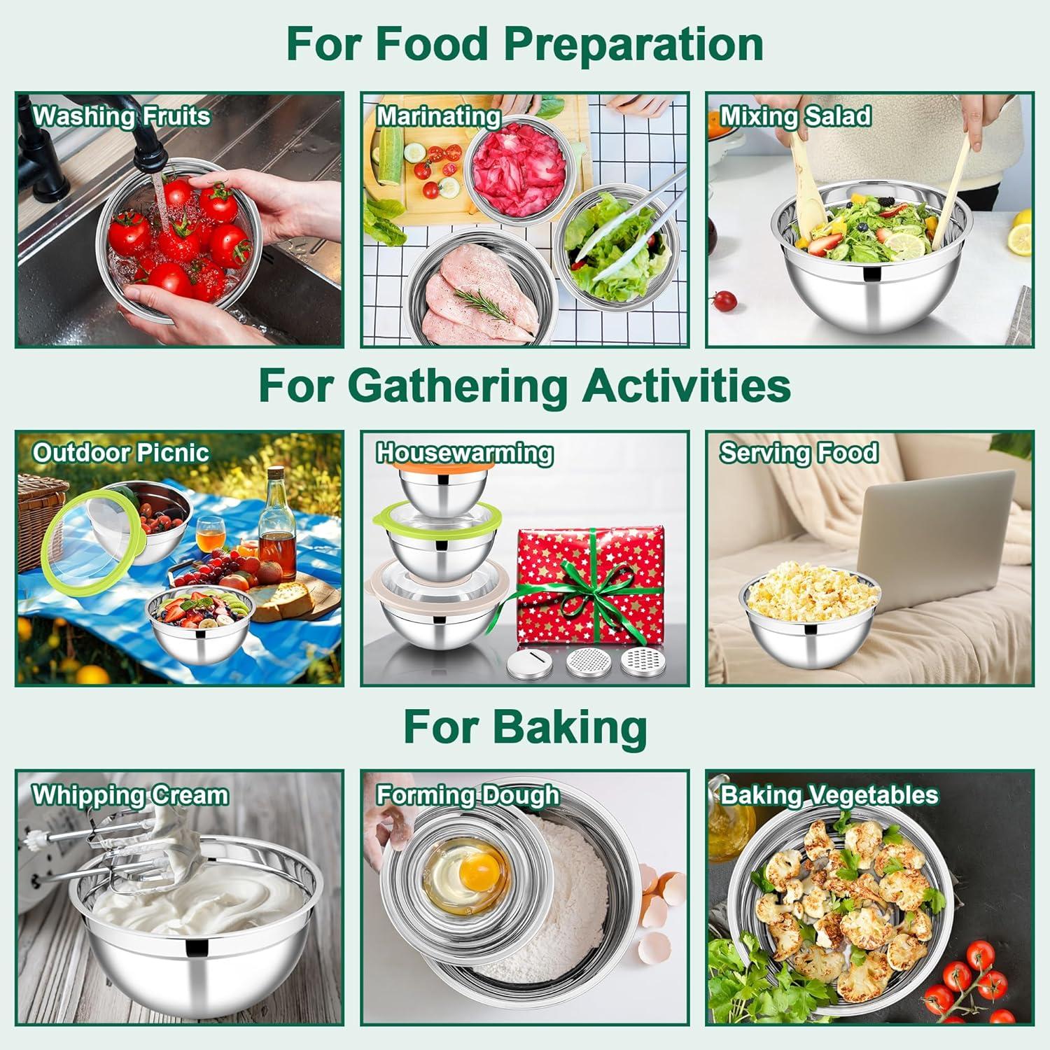 imageEfar Mixing Bowls Set of 5 Stainless Steel Salad Mixing Bowl with Transparent Lid Metal Nesting Bowl Attach with 3 Graters for Kitchen PreppingServingBakingStorage 462615107 QT BlackColorful