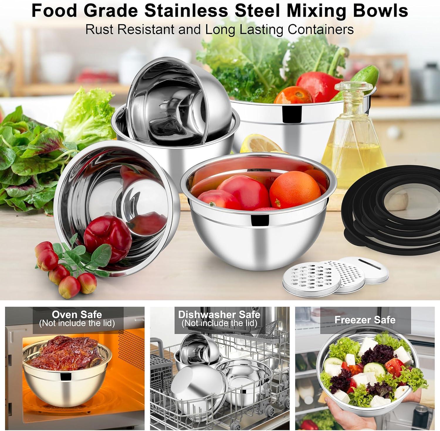 imageEfar Mixing Bowls Set of 5 Stainless Steel Salad Mixing Bowl with Transparent Lid Metal Nesting Bowl Attach with 3 Graters for Kitchen PreppingServingBakingStorage 462615107 QT BlackBlack