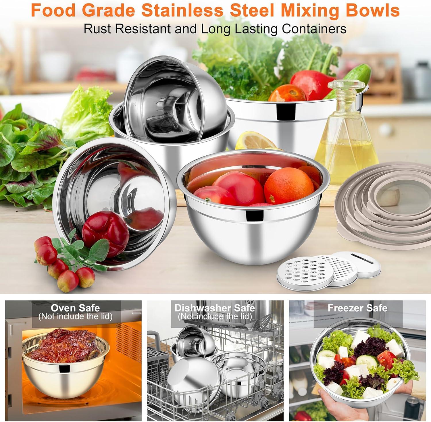 imageEfar Mixing Bowls Set of 5 Stainless Steel Salad Mixing Bowl with Transparent Lid Metal Nesting Bowl Attach with 3 Graters for Kitchen PreppingServingBakingStorage 462615107 QT BlackKhaki