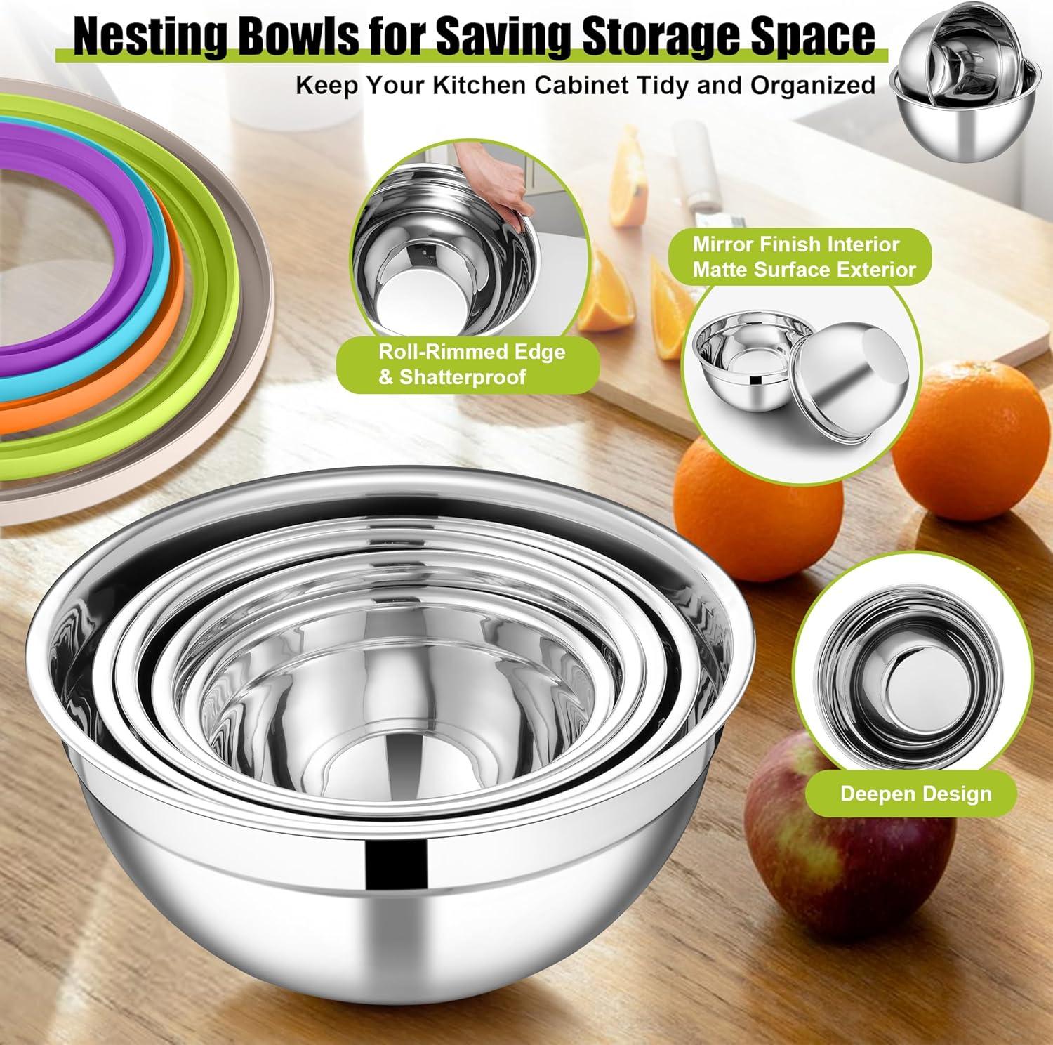 imageEfar Mixing Bowls Set of 5 Stainless Steel Salad Mixing Bowl with Transparent Lid Metal Nesting Bowl Attach with 3 Graters for Kitchen PreppingServingBakingStorage 462615107 QT BlackColorful