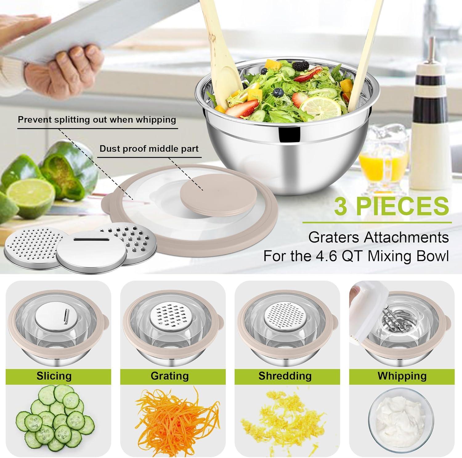 imageEfar Mixing Bowls Set of 5 Stainless Steel Salad Mixing Bowl with Transparent Lid Metal Nesting Bowl Attach with 3 Graters for Kitchen PreppingServingBakingStorage 462615107 QT BlackColorful