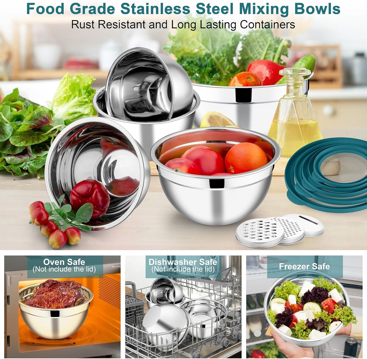 imageEfar Mixing Bowls Set of 5 Stainless Steel Salad Mixing Bowl with Transparent Lid Metal Nesting Bowl Attach with 3 Graters for Kitchen PreppingServingBakingStorage 462615107 QT BlackTeal Blue