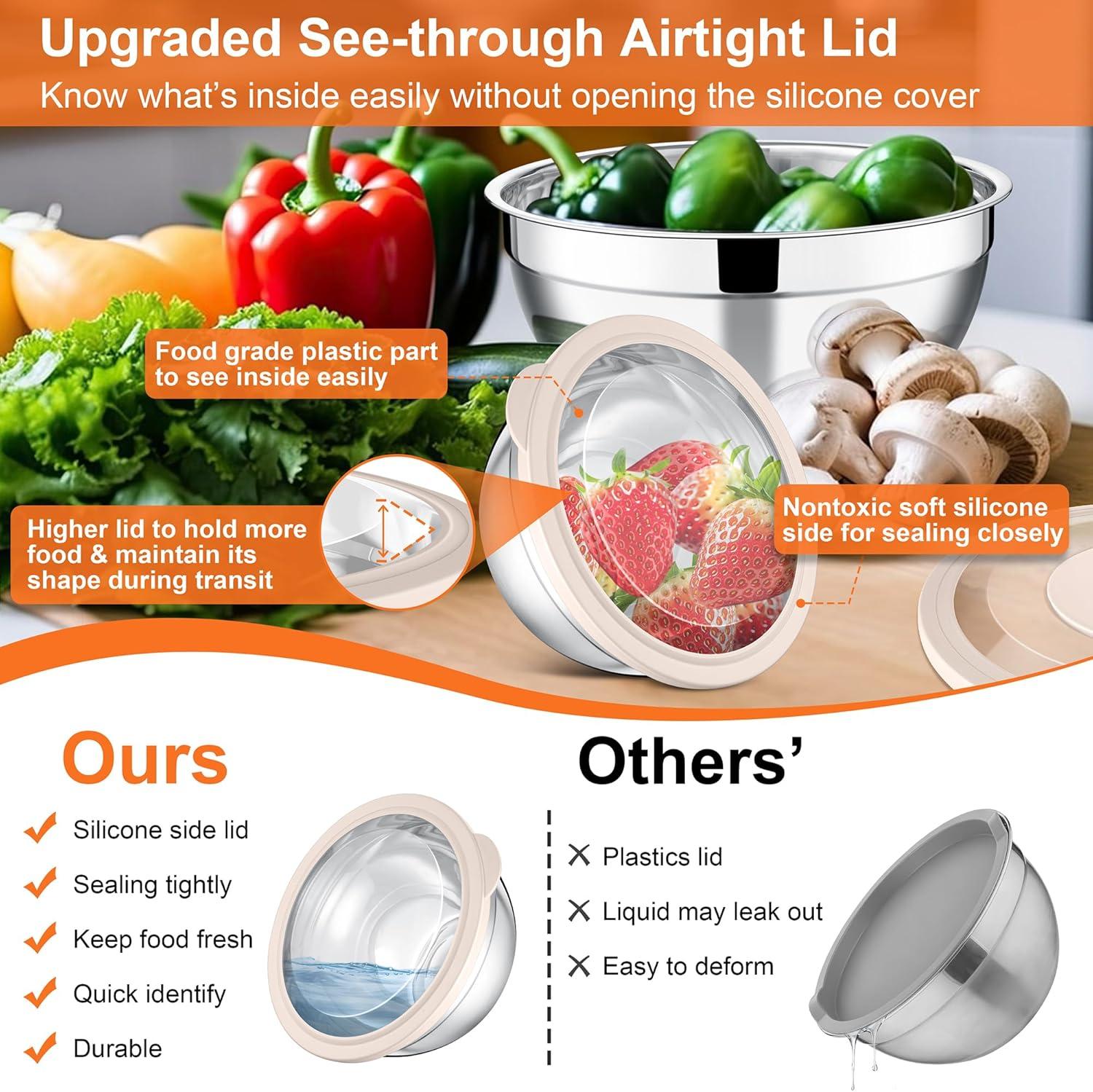 imageEfar Mixing Bowls Set of 5 Stainless Steel Salad Mixing Bowl with Transparent Lid Metal Nesting Bowl Attach with 3 Graters for Kitchen PreppingServingBakingStorage 462615107 QT BlackKhaki