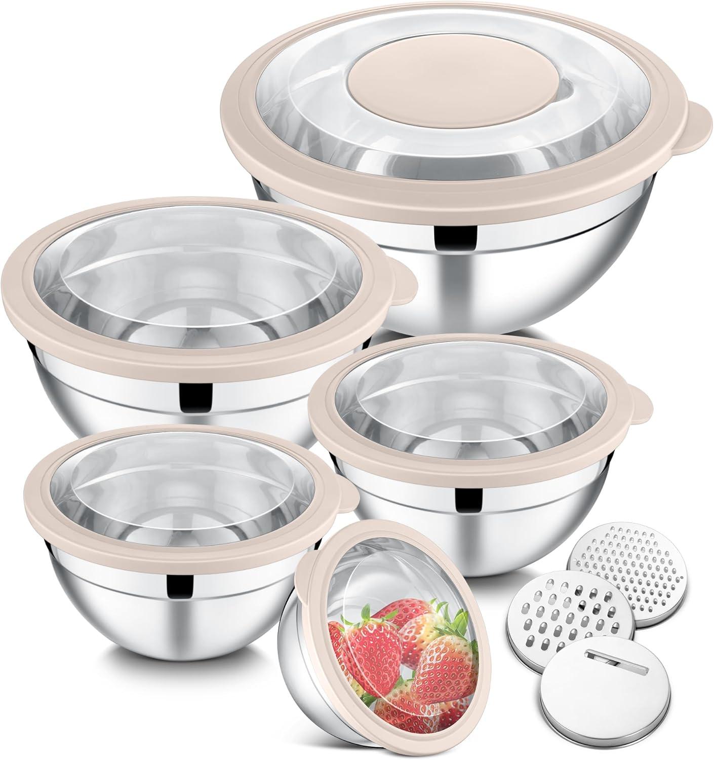 imageEfar Mixing Bowls Set of 5 Stainless Steel Salad Mixing Bowl with Transparent Lid Metal Nesting Bowl Attach with 3 Graters for Kitchen PreppingServingBakingStorage 462615107 QT BlackKhaki
