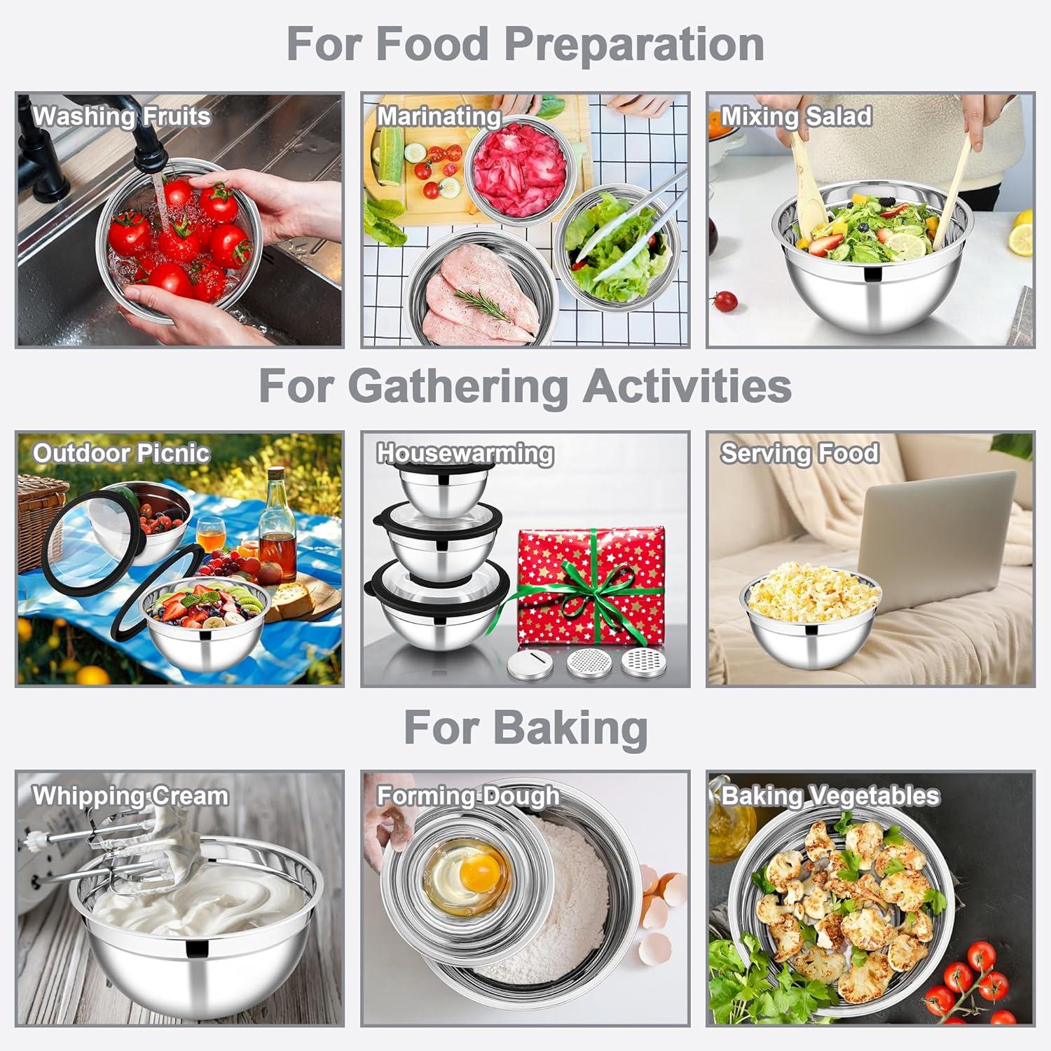 imageEfar Mixing Bowls Set of 5 Stainless Steel Salad Mixing Bowl with Transparent Lid Metal Nesting Bowl Attach with 3 Graters for Kitchen PreppingServingBakingStorage 462615107 QT BlackBlack