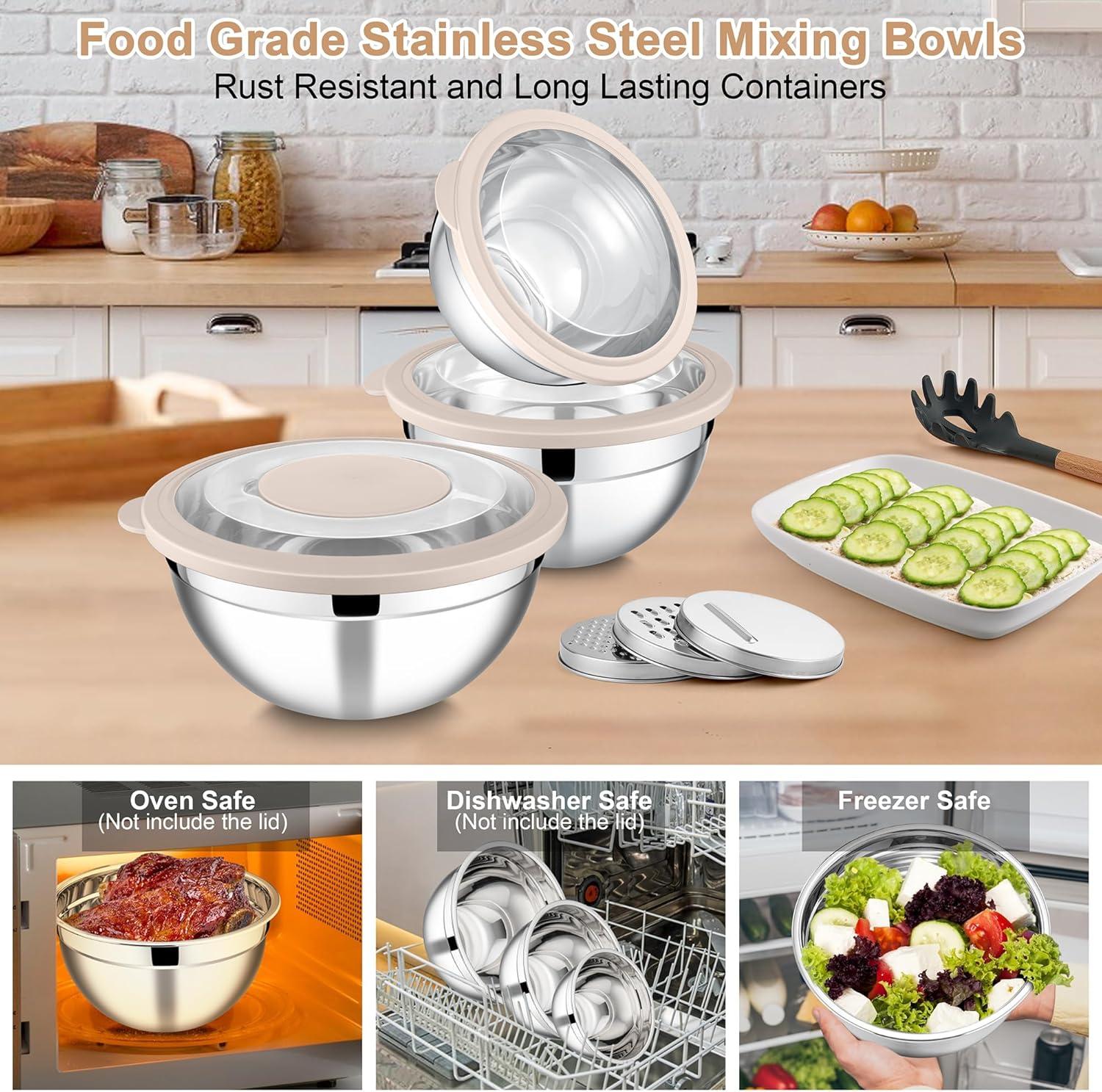 imageEfar Mixing Bowls Set of 5 Stainless Steel Salad Mixing Bowl with Transparent Lid Metal Nesting Bowl Attach with 3 Graters for Kitchen PreppingServingBakingStorage 462615107 QT BlackKhaki