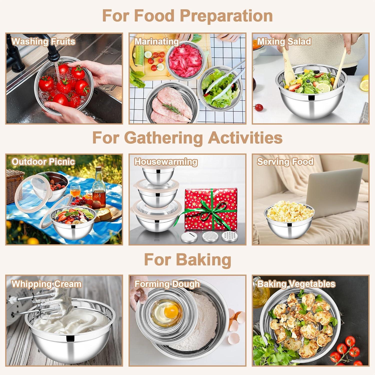 imageEfar Mixing Bowls Set of 5 Stainless Steel Salad Mixing Bowl with Transparent Lid Metal Nesting Bowl Attach with 3 Graters for Kitchen PreppingServingBakingStorage 462615107 QT BlackKhaki