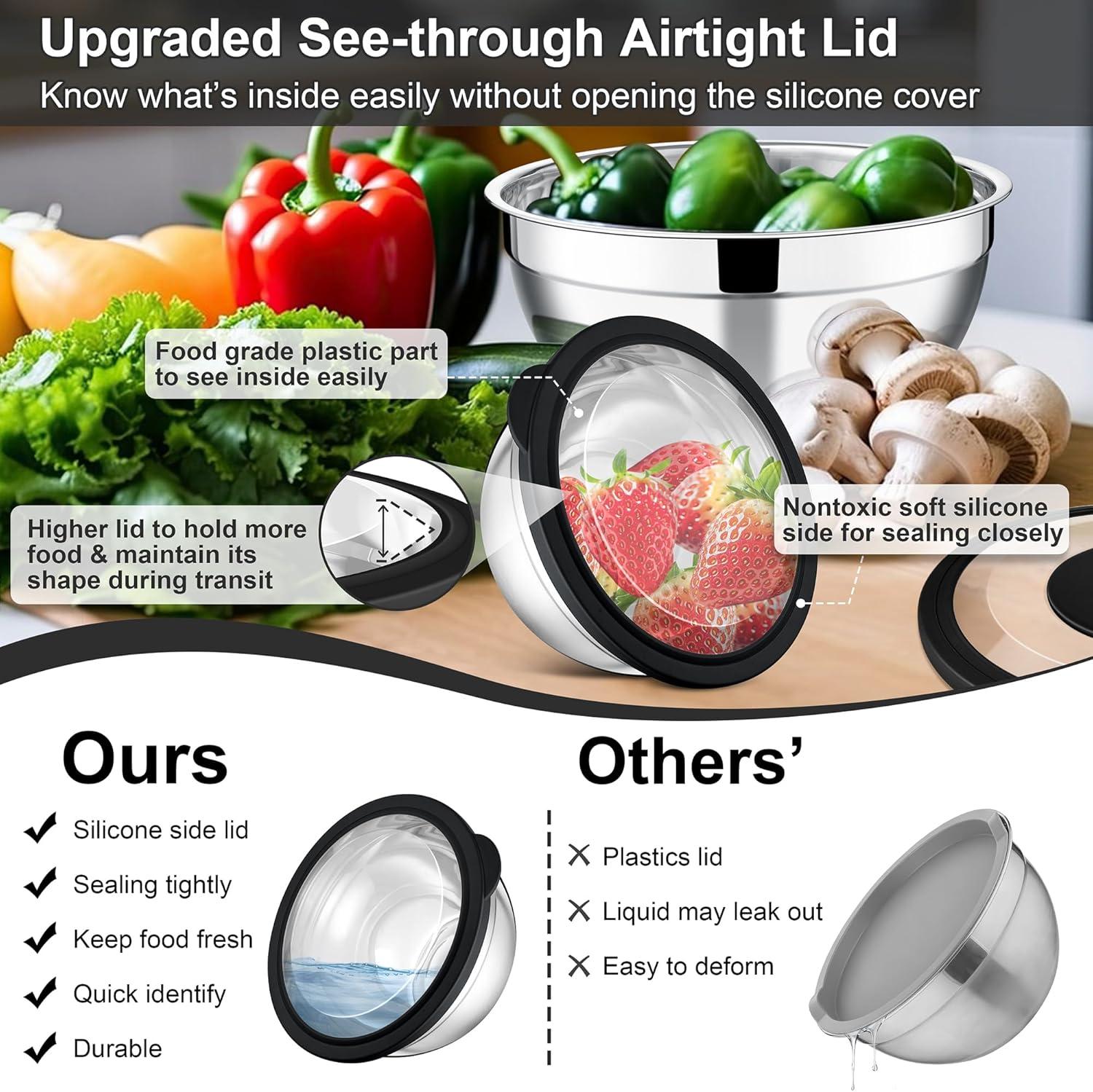 imageEfar Mixing Bowls Set of 5 Stainless Steel Salad Mixing Bowl with Transparent Lid Metal Nesting Bowl Attach with 3 Graters for Kitchen PreppingServingBakingStorage 462615107 QT BlackBlack