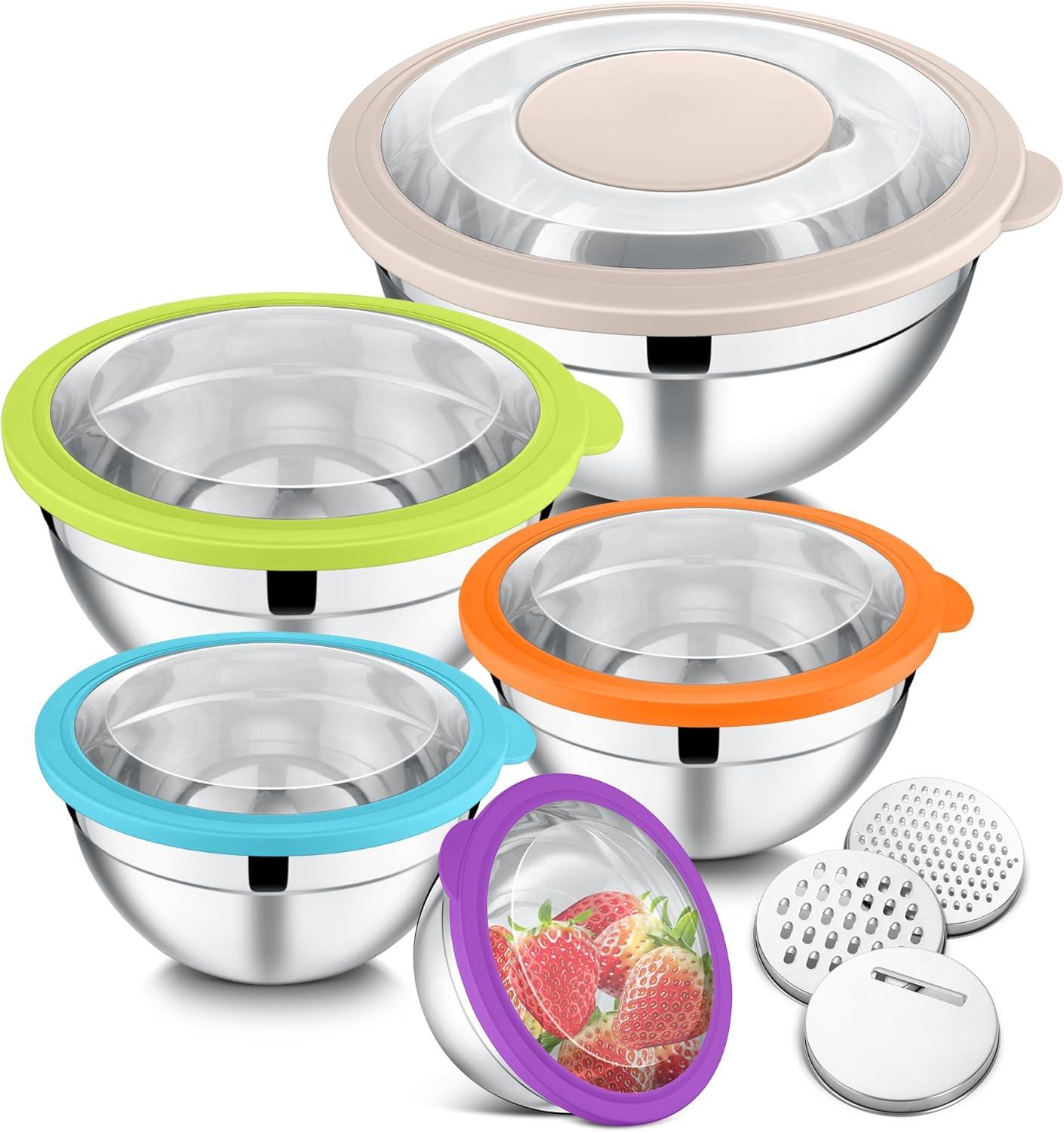 imageEfar Mixing Bowls Set of 5 Stainless Steel Salad Mixing Bowl with Transparent Lid Metal Nesting Bowl Attach with 3 Graters for Kitchen PreppingServingBakingStorage 462615107 QT BlackColorful