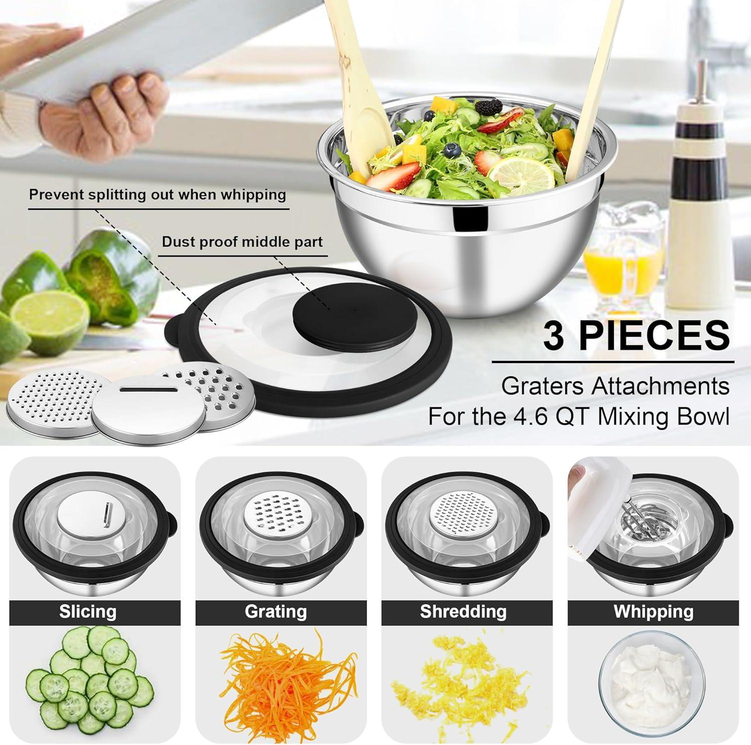 imageEfar Mixing Bowls Set of 5 Stainless Steel Salad Mixing Bowl with Transparent Lid Metal Nesting Bowl Attach with 3 Graters for Kitchen PreppingServingBakingStorage 462615107 QT BlackBlack