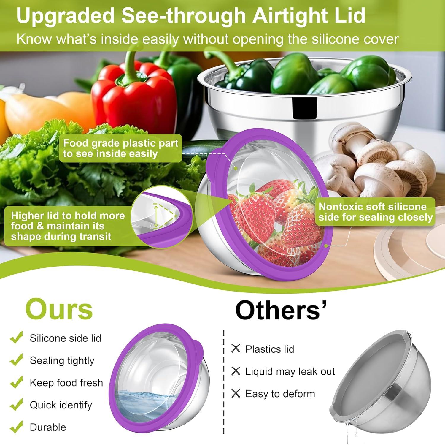 imageEfar Mixing Bowls Set of 5 Stainless Steel Salad Mixing Bowl with Transparent Lid Metal Nesting Bowl Attach with 3 Graters for Kitchen PreppingServingBakingStorage 462615107 QT BlackColorful