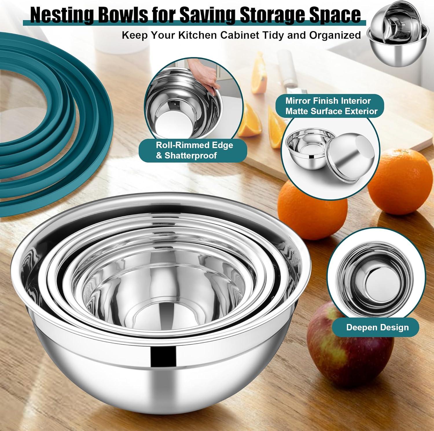 imageEfar Mixing Bowls Set of 5 Stainless Steel Salad Mixing Bowl with Transparent Lid Metal Nesting Bowl Attach with 3 Graters for Kitchen PreppingServingBakingStorage 462615107 QT BlackTeal Blue
