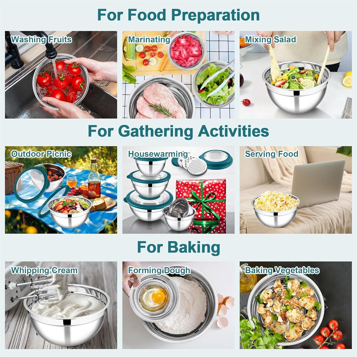 imageEfar Mixing Bowls Set of 5 Stainless Steel Salad Mixing Bowl with Transparent Lid Metal Nesting Bowl Attach with 3 Graters for Kitchen PreppingServingBakingStorage 462615107 QT BlackTeal Blue