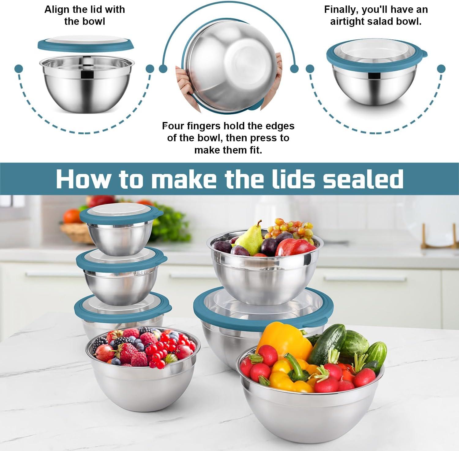 imageEfar Mixing Bowls Set of 7 Stainless Steel Mixing Bowls with Airtight Clear Lids Metal Nesting Bowls for Kitchen Prep Baking Serving Dishwasher Safe Size 46 35 3 2 15 1 07QT BlackBlue