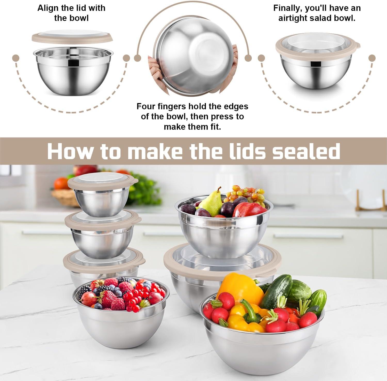 imageEfar Mixing Bowls Set of 7 Stainless Steel Mixing Bowls with Airtight Clear Lids Metal Nesting Bowls for Kitchen Prep Baking Serving Dishwasher Safe Size 46 35 3 2 15 1 07QT BlackKhaki