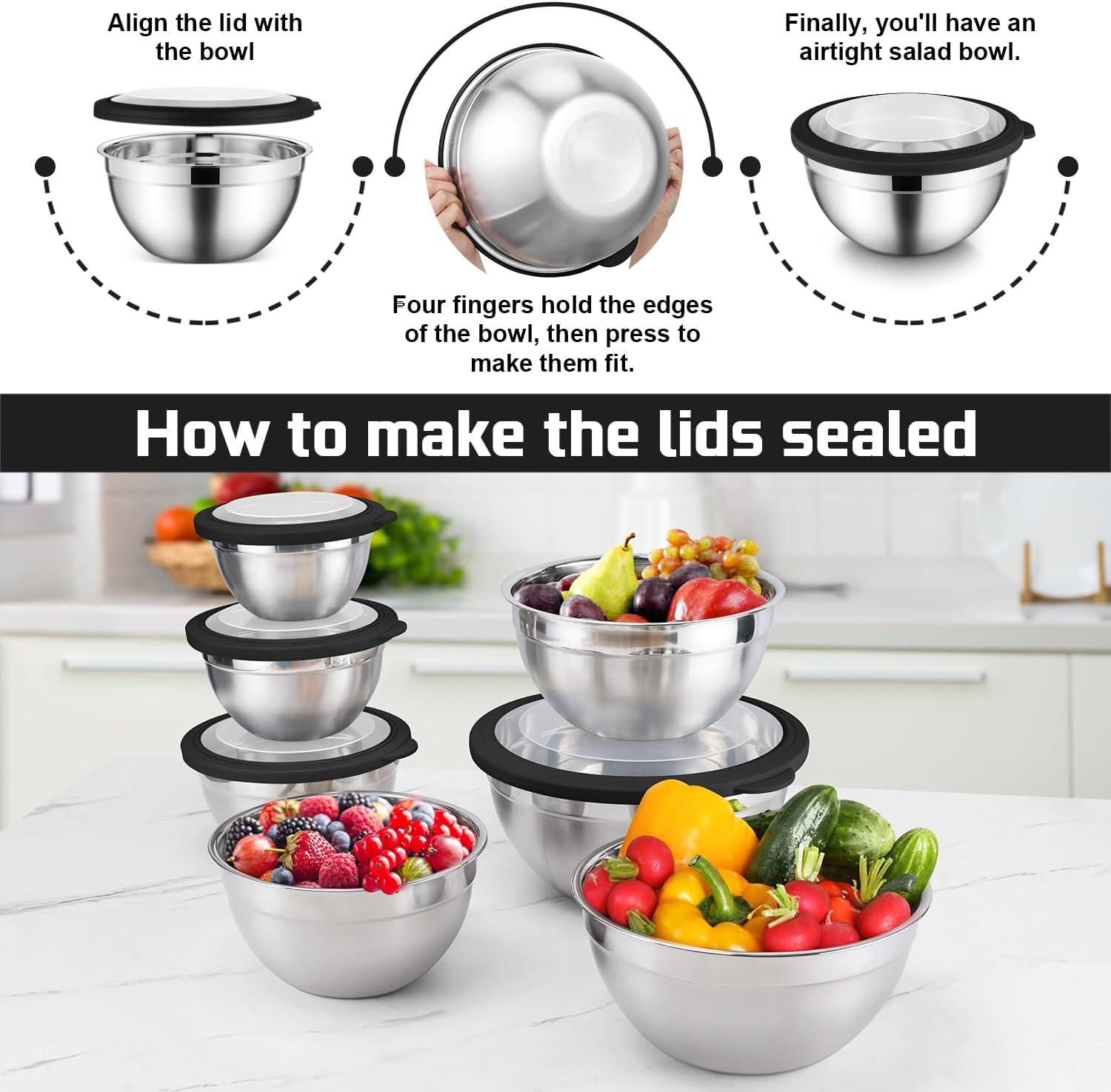 imageEfar Mixing Bowls Set of 7 Stainless Steel Mixing Bowls with Airtight Clear Lids Metal Nesting Bowls for Kitchen Prep Baking Serving Dishwasher Safe Size 46 35 3 2 15 1 07QT BlackBlack