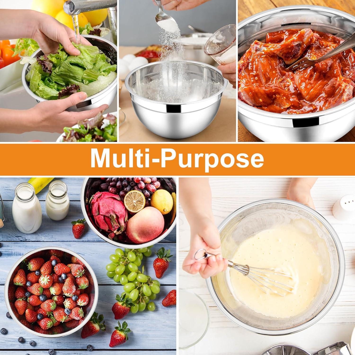 imageEfar Mixing Bowls with Lids 6Piece Stainless Steel Salad Bowls Metal Nesting Bowls for Baking Cooking and Prepping Airtight Lids amp Stackable Design Size 45 3 15 QT BlackMulticolor
