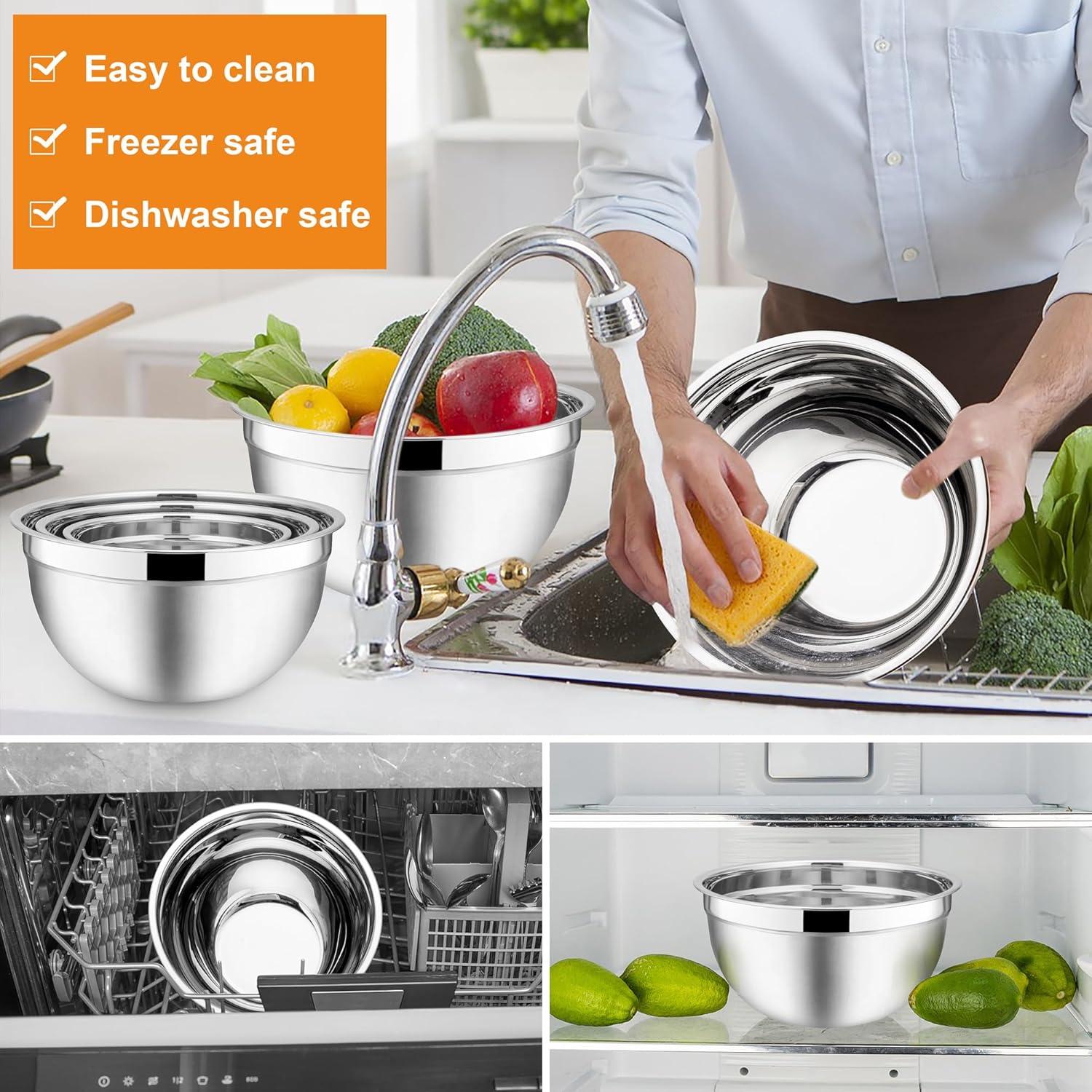 imageEfar Mixing Bowls with Lids 6Piece Stainless Steel Salad Bowls Metal Nesting Bowls for Baking Cooking and Prepping Airtight Lids amp Stackable Design Size 45 3 15 QT BlackMulticolor