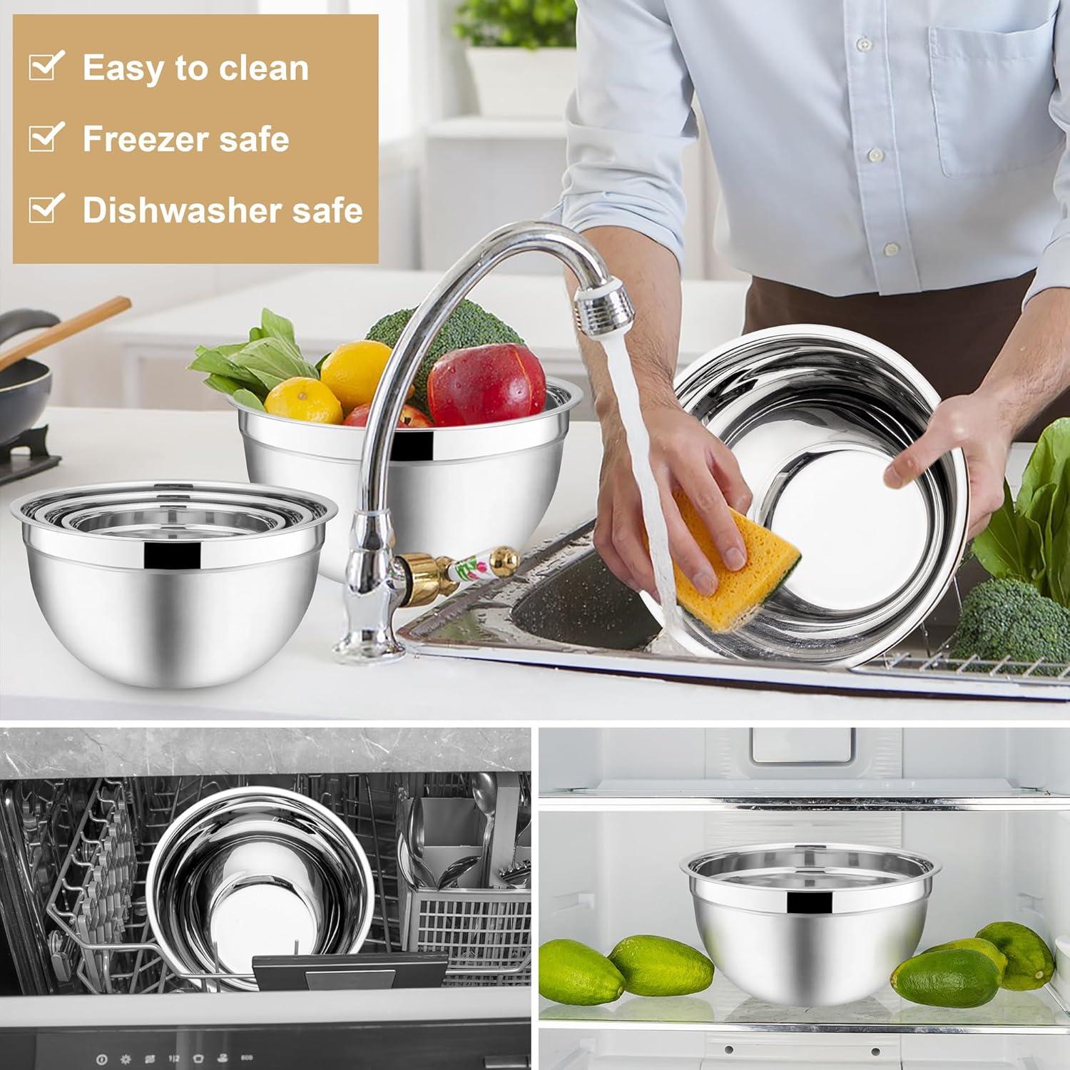 imageEfar Mixing Bowls with Lids 6Piece Stainless Steel Salad Bowls Metal Nesting Bowls for Baking Cooking and Prepping Airtight Lids amp Stackable Design Size 45 3 15 QT BlackKhaki