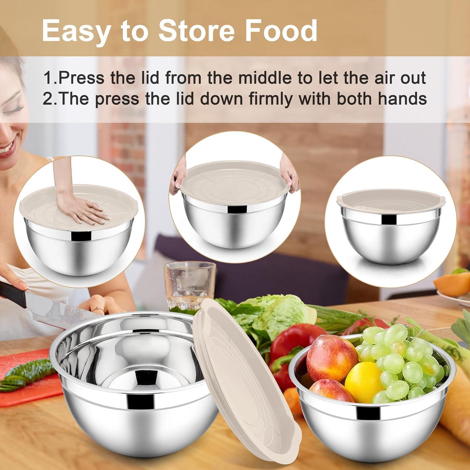imageEfar Mixing Bowls with Lids 6Piece Stainless Steel Salad Bowls Metal Nesting Bowls for Baking Cooking and Prepping Airtight Lids amp Stackable Design Size 45 3 15 QT BlackKhaki
