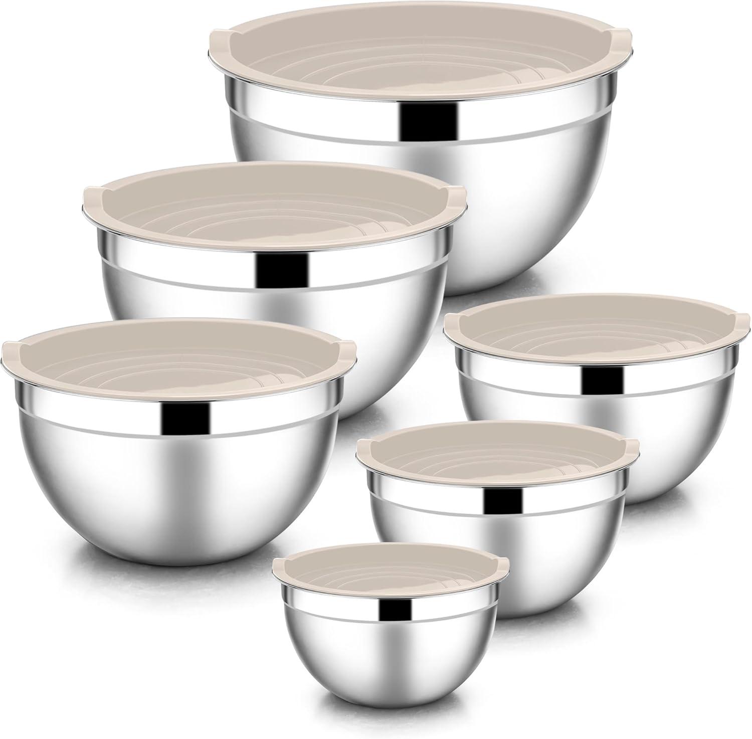 imageEfar Mixing Bowls with Lids 6Piece Stainless Steel Salad Bowls Metal Nesting Bowls for Baking Cooking and Prepping Airtight Lids amp Stackable Design Size 45 3 15 QT BlackKhaki