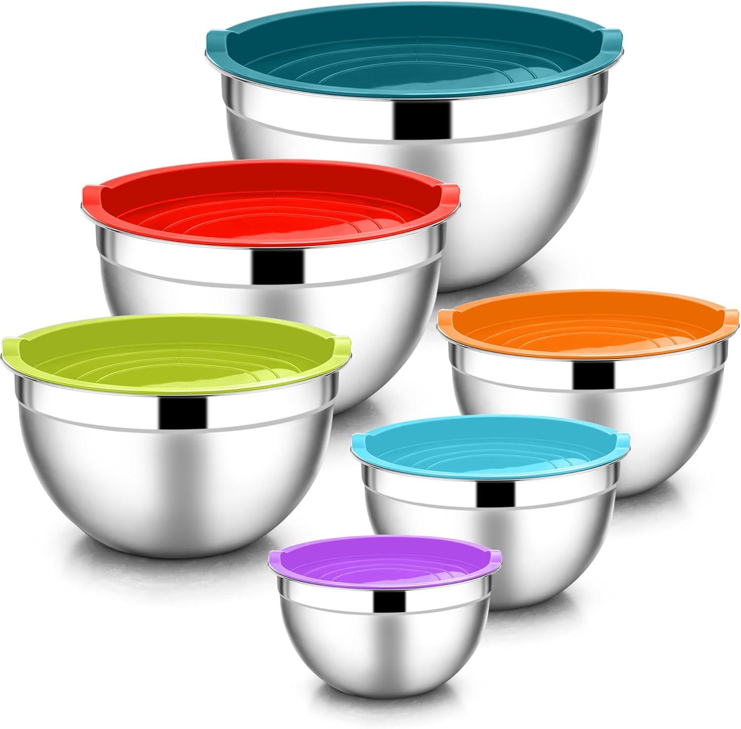 imageEfar Mixing Bowls with Lids 6Piece Stainless Steel Salad Bowls Metal Nesting Bowls for Baking Cooking and Prepping Airtight Lids amp Stackable Design Size 45 3 15 QT BlackMulticolor