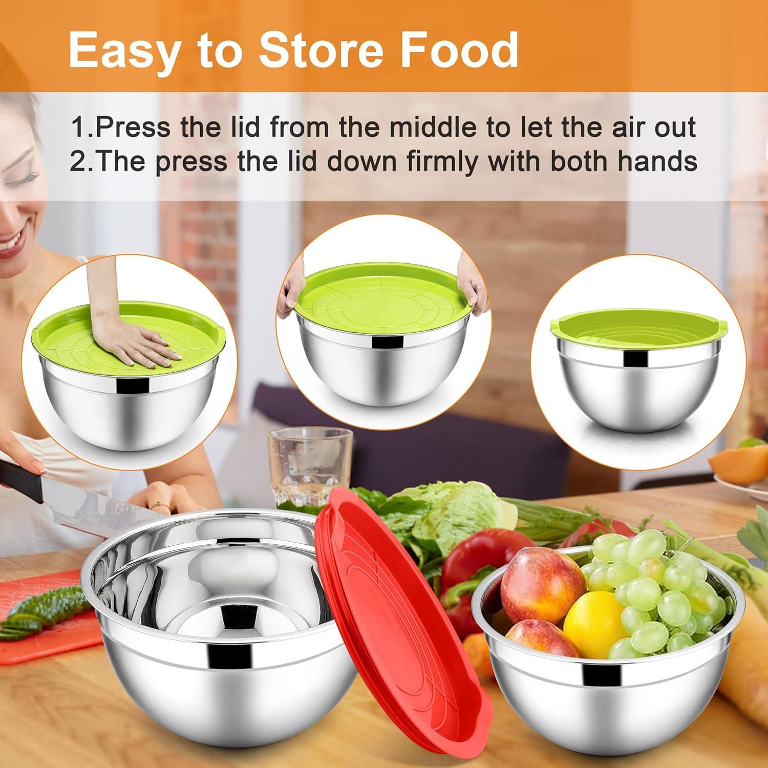 imageEfar Mixing Bowls with Lids 6Piece Stainless Steel Salad Bowls Metal Nesting Bowls for Baking Cooking and Prepping Airtight Lids amp Stackable Design Size 45 3 15 QT BlackMulticolor