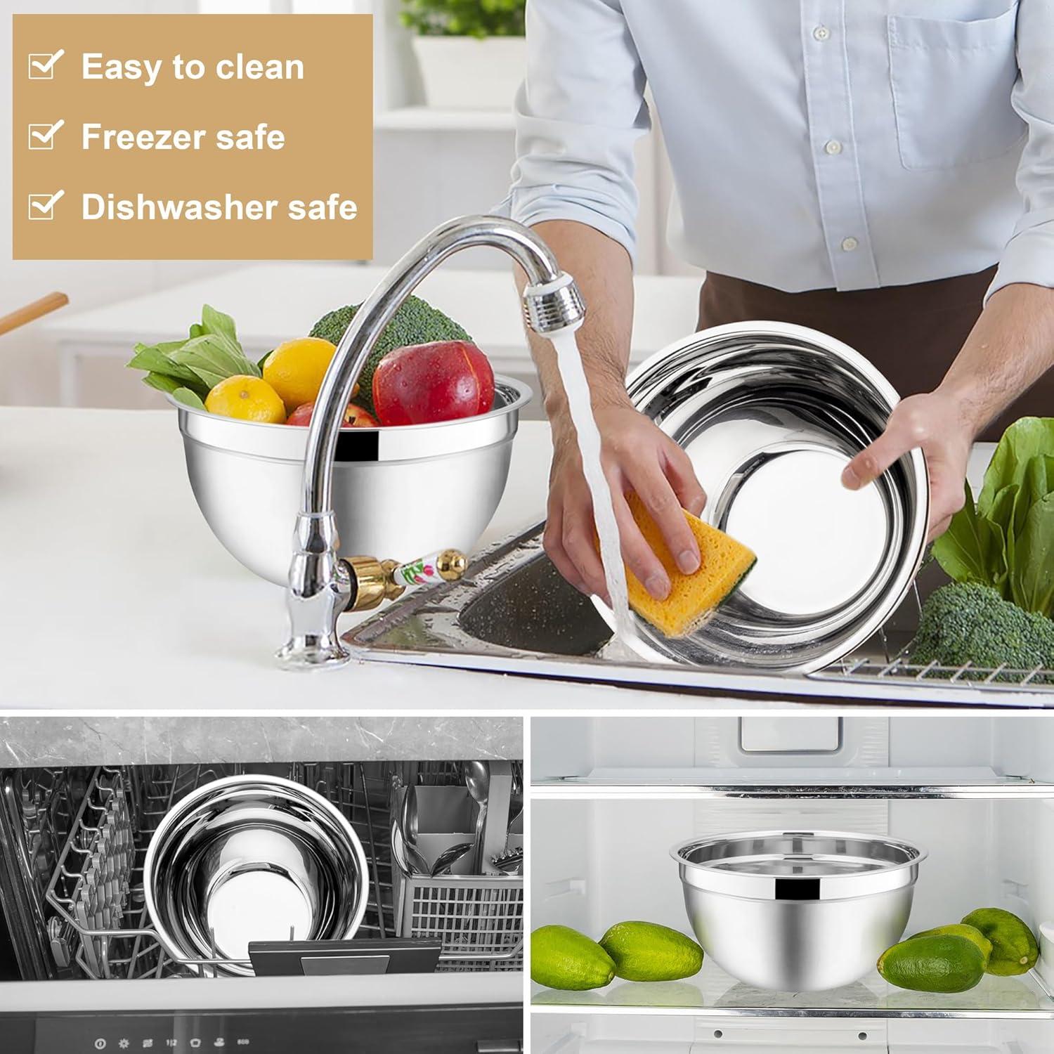 imageEfar Mixing Bowls with Lids 6Piece Stainless Steel Salad Bowls Metal Nesting Bowls for Baking Cooking and Prepping Airtight Lids amp Stackable Design Size 45 3 15 QT BlackKhaki