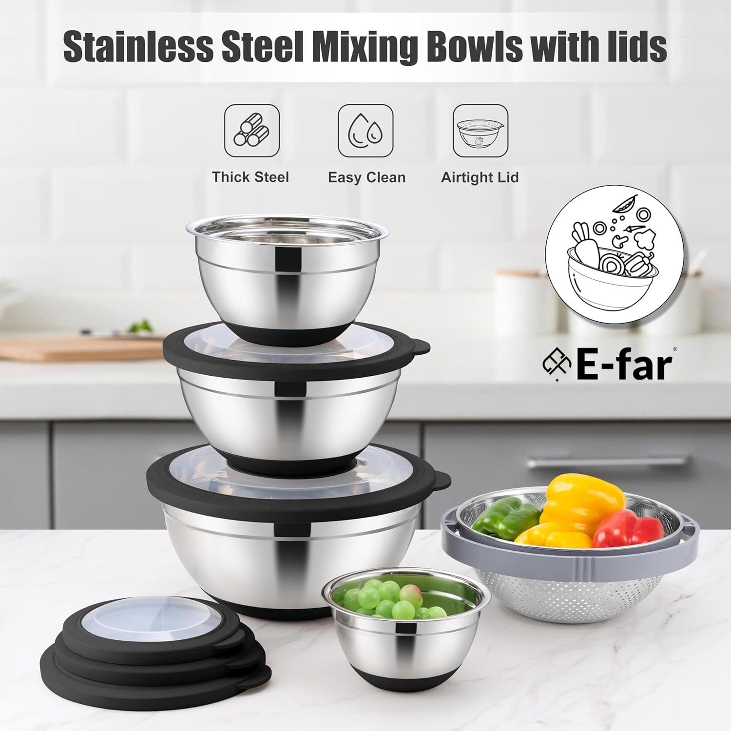 imageEfar Mixing Bowls with Lids Set 15PCS Stainless Steel Mixing Nesting Bowl with Colander amp 3 Metal Grater for Kitchen PrepBakingStorage NonSlip Bottom amp Airtight Lid 46 3 15 1 07QT KhakiBlack