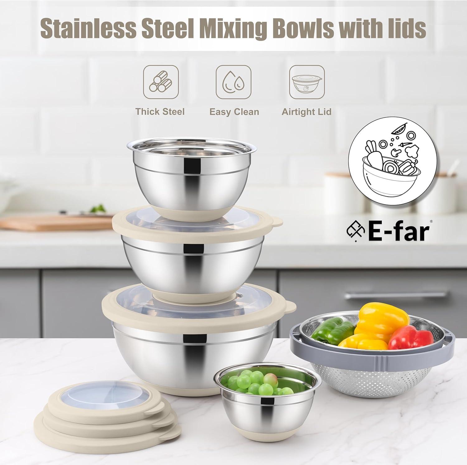 imageEfar Mixing Bowls with Lids Set 15PCS Stainless Steel Mixing Nesting Bowl with Colander amp 3 Metal Grater for Kitchen PrepBakingStorage NonSlip Bottom amp Airtight Lid 46 3 15 1 07QT KhakiKhaki