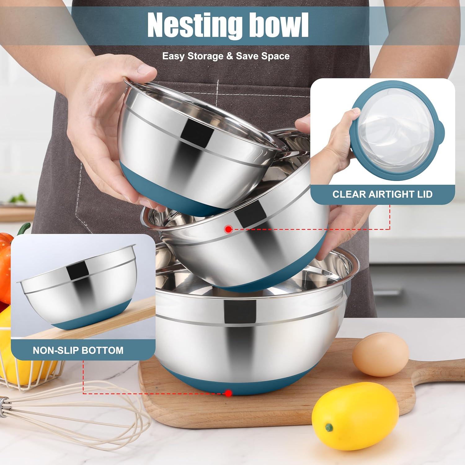 imageEfar Mixing Bowls with Lids Set 15PCS Stainless Steel Mixing Nesting Bowl with Colander amp 3 Metal Grater for Kitchen PrepBakingStorage NonSlip Bottom amp Airtight Lid 46 3 15 1 07QT KhakiBlue