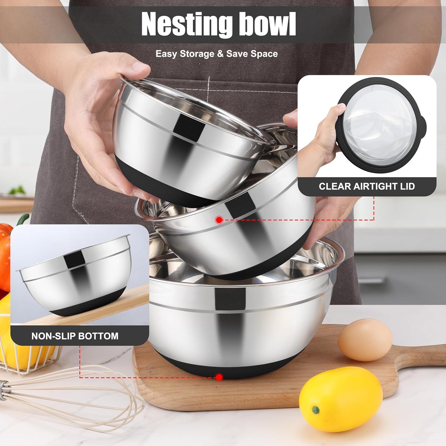 imageEfar Mixing Bowls with Lids Set 15PCS Stainless Steel Mixing Nesting Bowl with Colander amp 3 Metal Grater for Kitchen PrepBakingStorage NonSlip Bottom amp Airtight Lid 46 3 15 1 07QT KhakiBlack