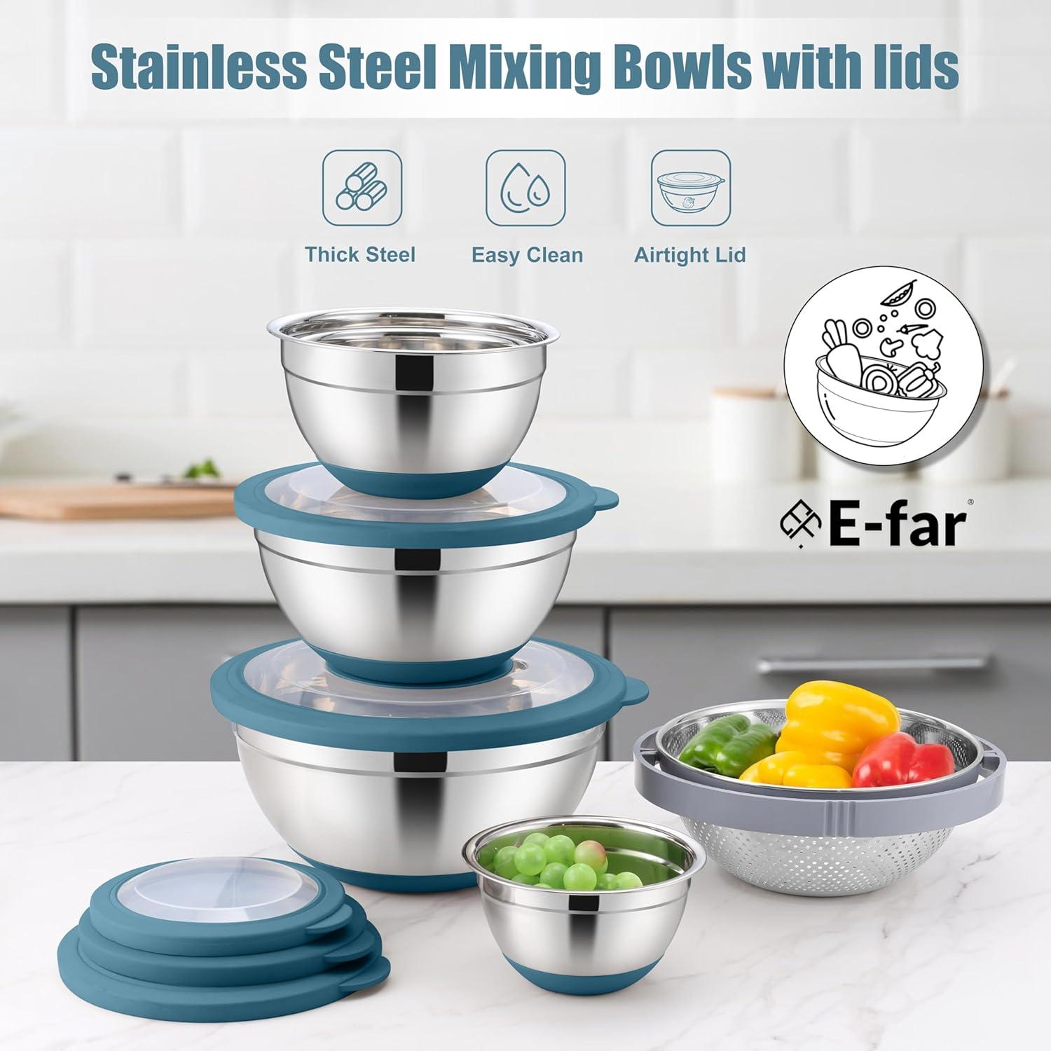 imageEfar Mixing Bowls with Lids Set 15PCS Stainless Steel Mixing Nesting Bowl with Colander amp 3 Metal Grater for Kitchen PrepBakingStorage NonSlip Bottom amp Airtight Lid 46 3 15 1 07QT KhakiBlue