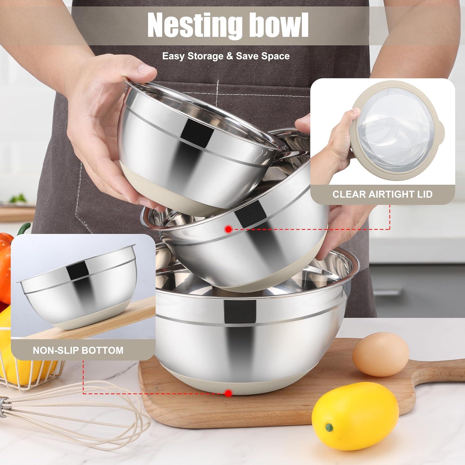 imageEfar Mixing Bowls with Lids Set 15PCS Stainless Steel Mixing Nesting Bowl with Colander amp 3 Metal Grater for Kitchen PrepBakingStorage NonSlip Bottom amp Airtight Lid 46 3 15 1 07QT KhakiKhaki