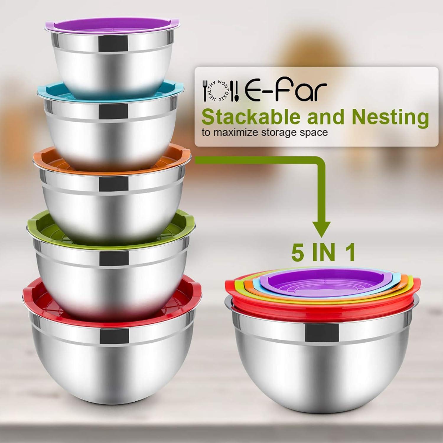 imageEfar Mixing Bowls with Lids Set of 5 Stainless Steel Mixing Bowls Metal Nesting Bowls with Airtight Lids Nontoxic amp Dishwasher Safe Great for Cooking Baking Serving Size 07115346QTColorful