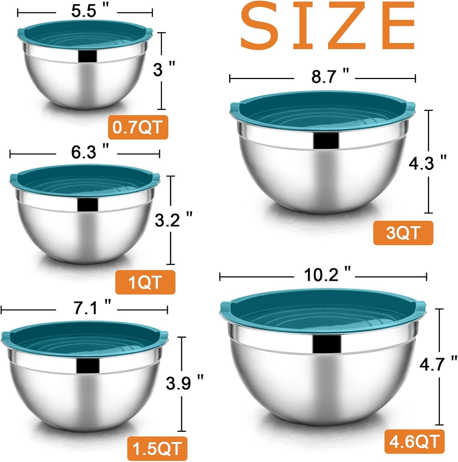 imageEfar Mixing Bowls with Lids Set of 5 Stainless Steel Mixing Bowls Metal Nesting Bowls with Airtight Lids Nontoxic amp Dishwasher Safe Great for Cooking Baking Serving Size 07115346QTTeal Blue