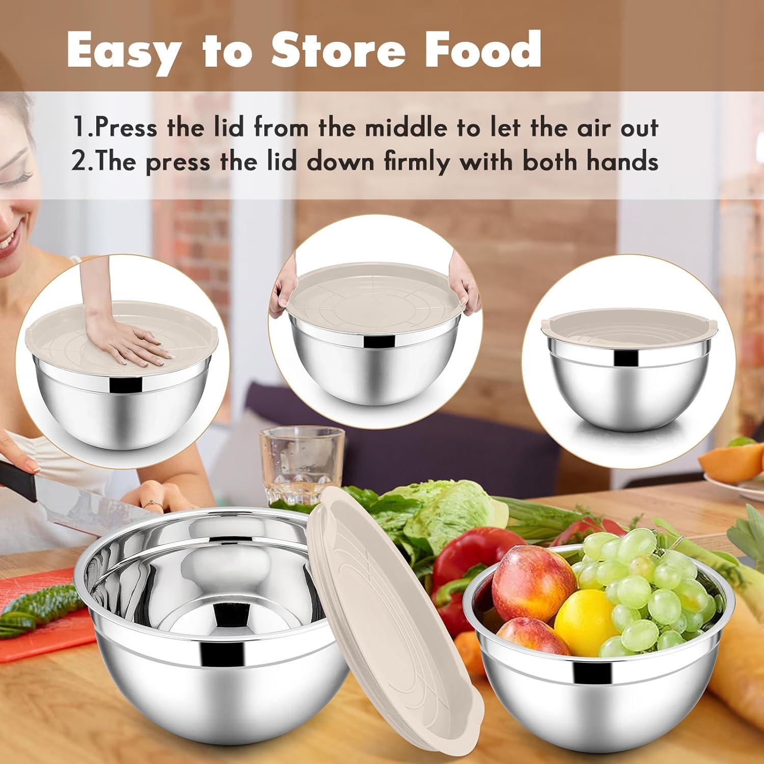 imageEfar Mixing Bowls with Lids Set of 5 Stainless Steel Mixing Bowls Metal Nesting Bowls with Airtight Lids Nontoxic amp Dishwasher Safe Great for Cooking Baking Serving Size 07115346QTKhaki
