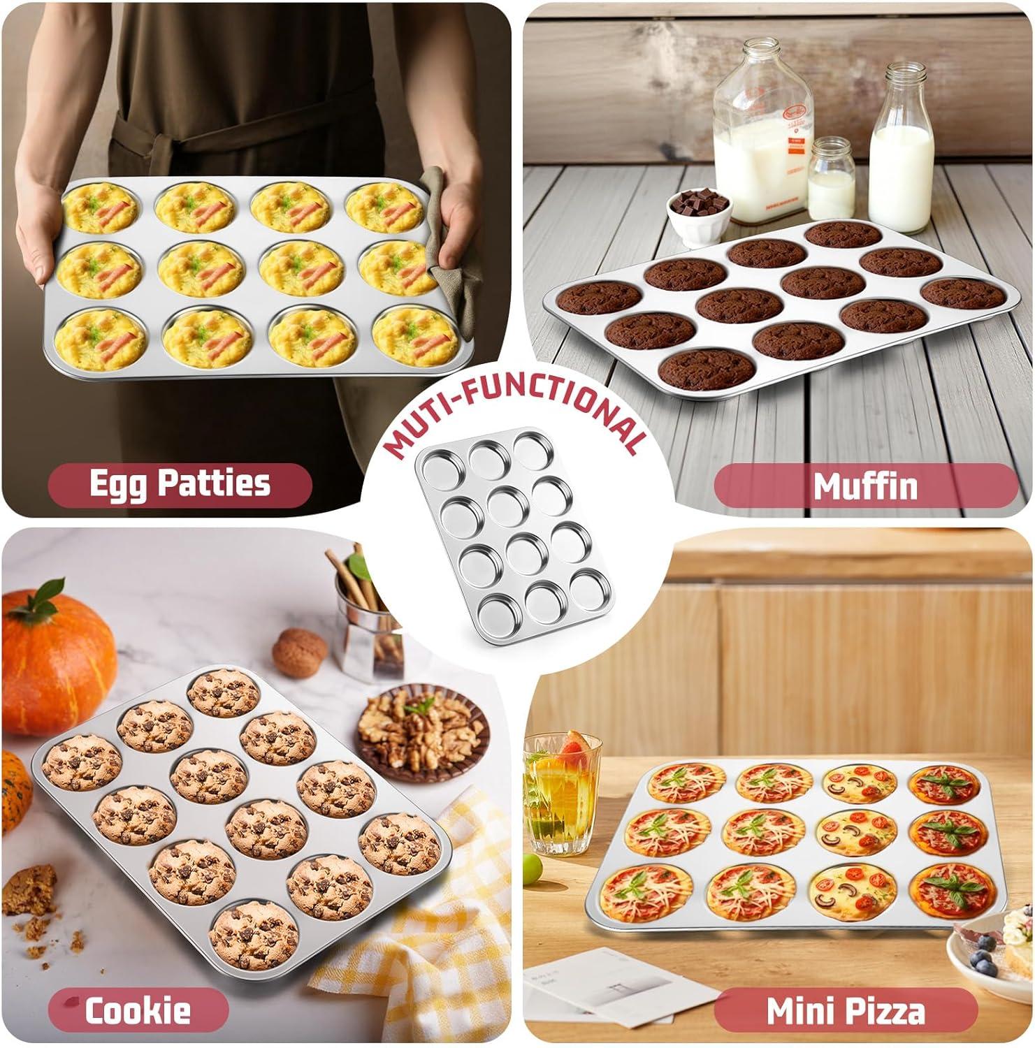 imageEfar Muffin Top Pan 12Cavity Stainless Steel Shallow Cupcake Pan for Yorkshire Pudding Eggs Whoopie Pie Cornbread Nontoxic amp Dishwasher Safe 2 Pcs1 Piece