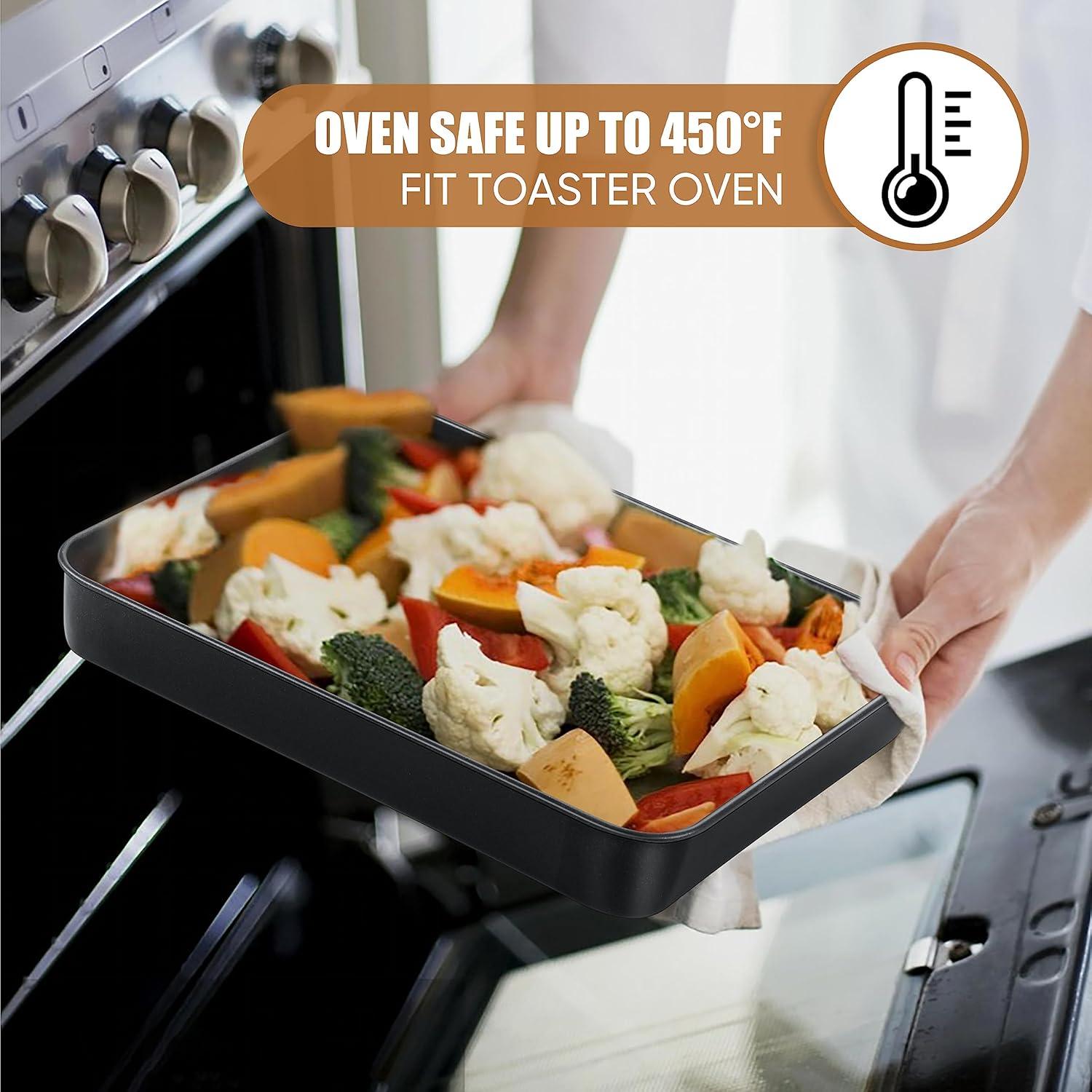 imageEfar Nonstick Baking Pans Set of 3 Rectangle Stainless Steel Sheet Cake Pan for Toaster Oven 12510594 Inch Black Bakeware for Brownie Lasagna Casserole Cake Nontoxic amp Healthy 2 inch Deep