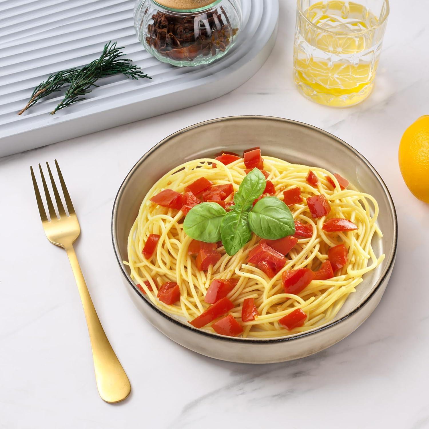 imageEfar Pasta Bowls Set of 4 35oz Large Salad Bowls for Serving Wide and Shallow Ceramic Plates for Kitchen Double Reactive Glaze Microwave and Dishwasher Safe Seashell WhiteKhaki