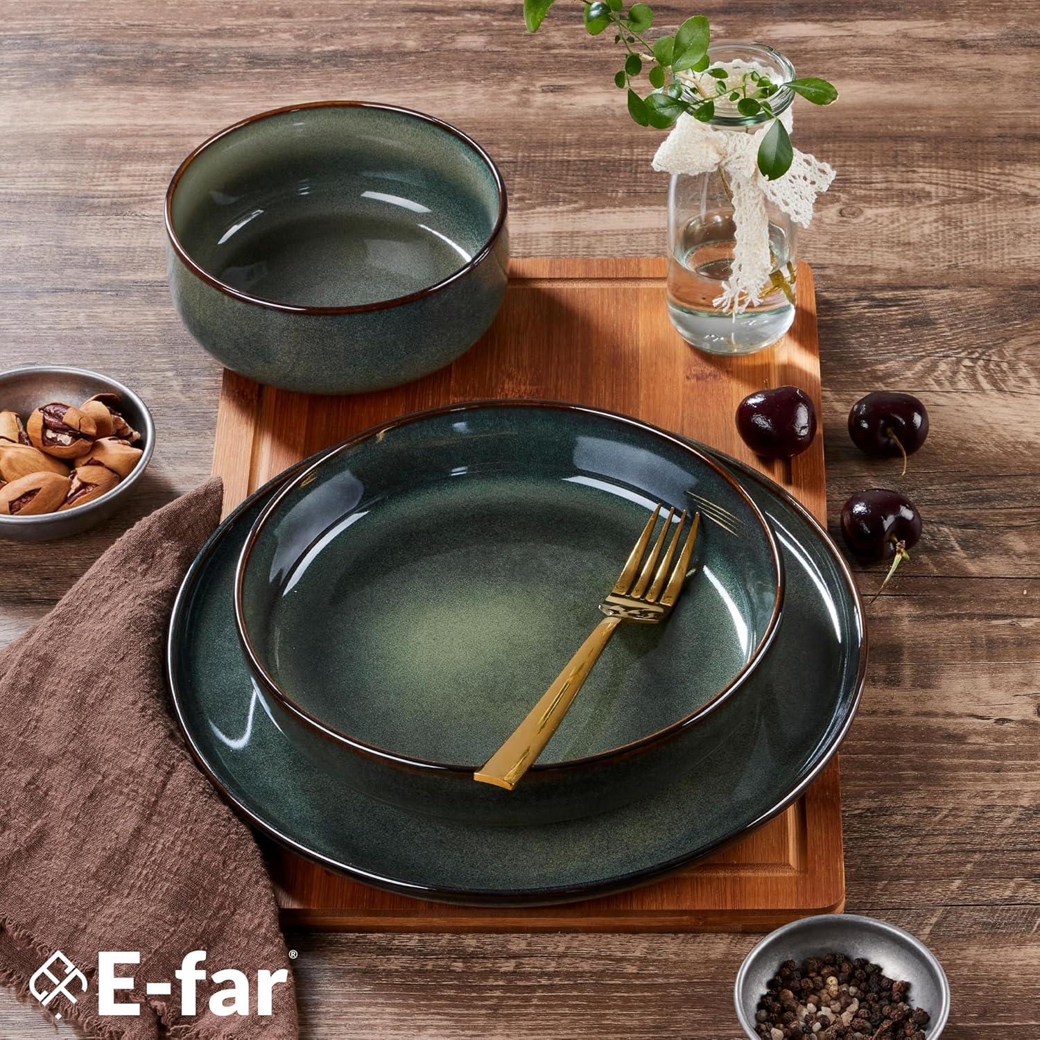 imageEfar Pasta Bowls Set of 4 35oz Large Salad Bowls for Serving Wide and Shallow Ceramic Plates for Kitchen Double Reactive Glaze Microwave and Dishwasher Safe Seashell WhiteObsidian Green