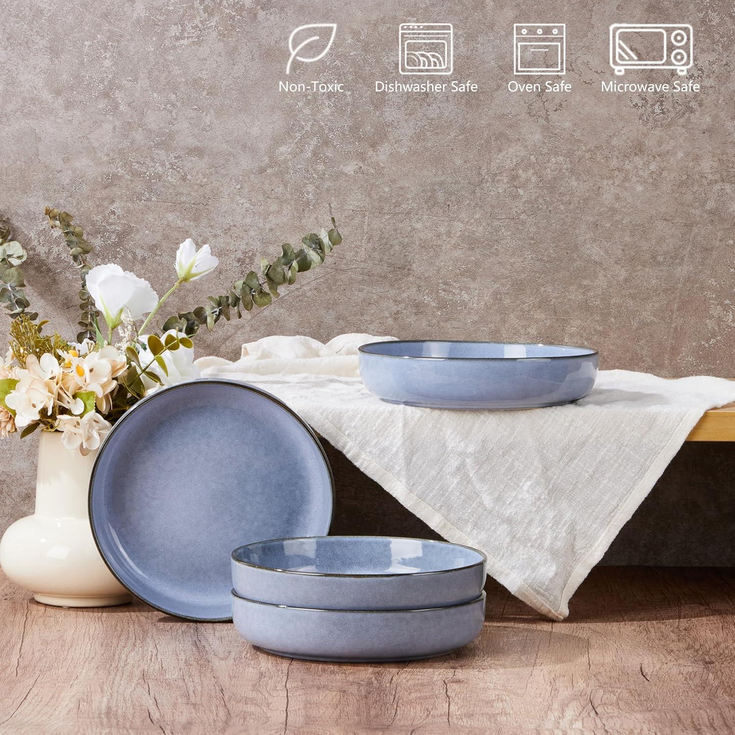 imageEfar Pasta Bowls Set of 4 35oz Large Salad Bowls for Serving Wide and Shallow Ceramic Plates for Kitchen Double Reactive Glaze Microwave and Dishwasher Safe Seashell WhiteOcean Blue