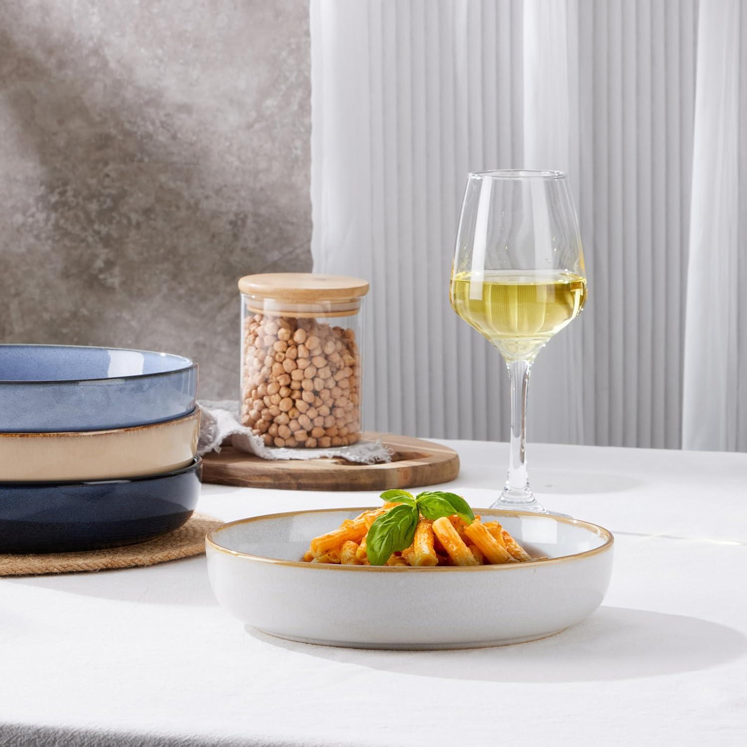 imageEfar Pasta Bowls Set of 4 35oz Large Salad Bowls for Serving Wide and Shallow Ceramic Plates for Kitchen Double Reactive Glaze Microwave and Dishwasher Safe Seashell WhiteMulticolor