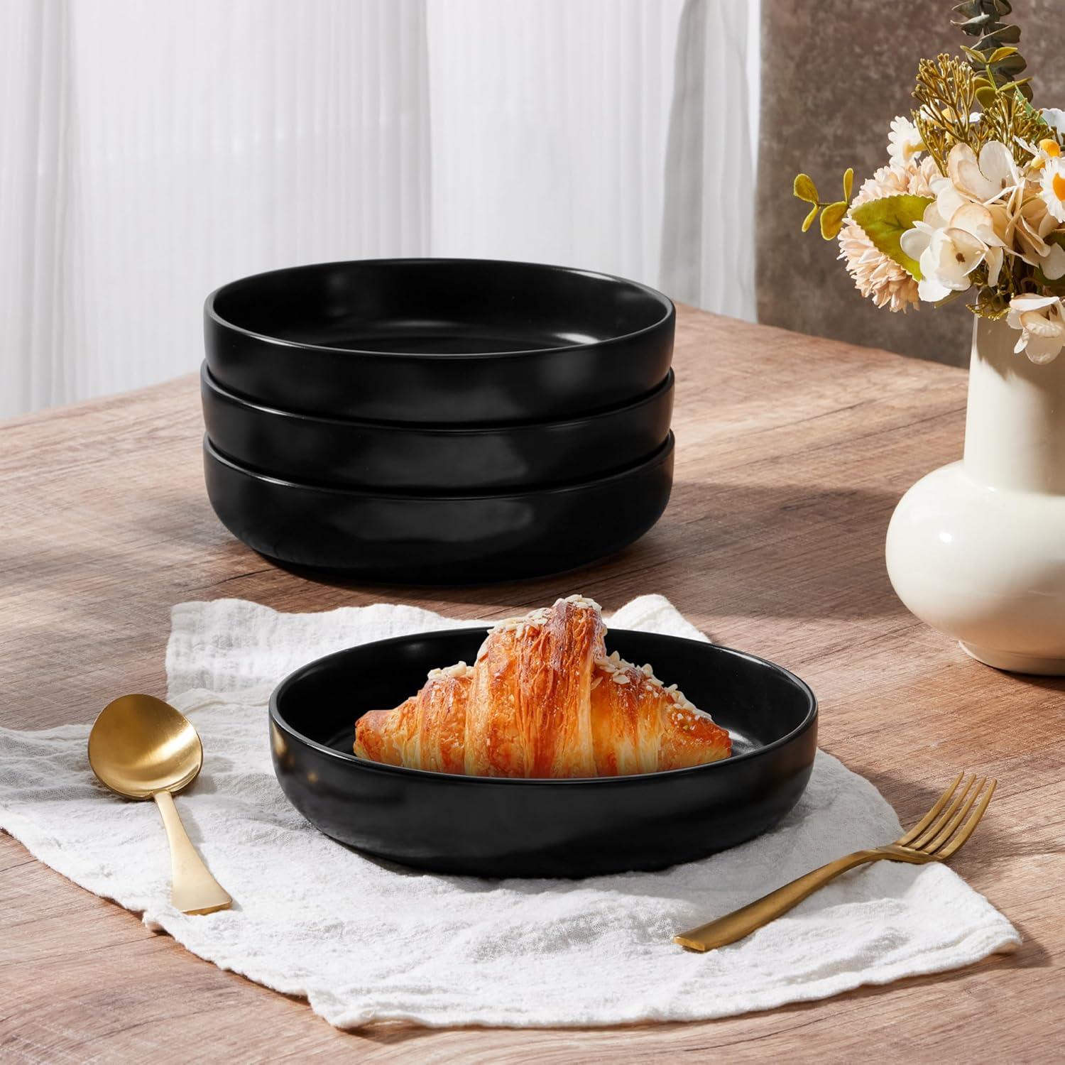imageEfar Pasta Bowls Set of 4 35oz Large Salad Bowls for Serving Wide and Shallow Ceramic Plates for Kitchen Double Reactive Glaze Microwave and Dishwasher Safe Seashell WhiteMatte Black