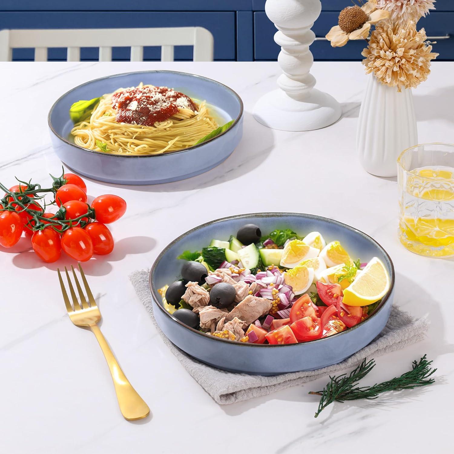 imageEfar Pasta Bowls Set of 4 35oz Large Salad Bowls for Serving Wide and Shallow Ceramic Plates for Kitchen Double Reactive Glaze Microwave and Dishwasher Safe Seashell WhiteBlue