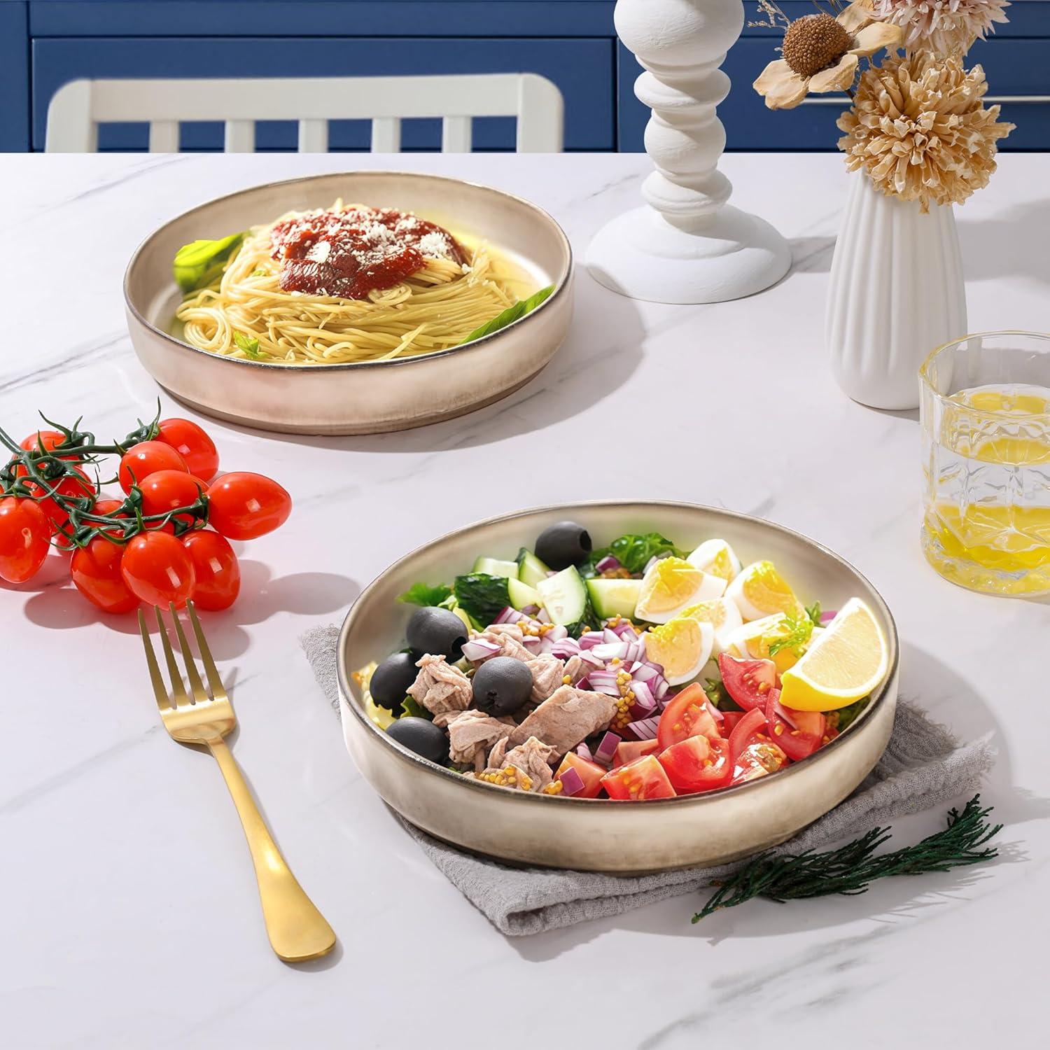 imageEfar Pasta Bowls Set of 4 35oz Large Salad Bowls for Serving Wide and Shallow Ceramic Plates for Kitchen Double Reactive Glaze Microwave and Dishwasher Safe Seashell WhiteKhaki