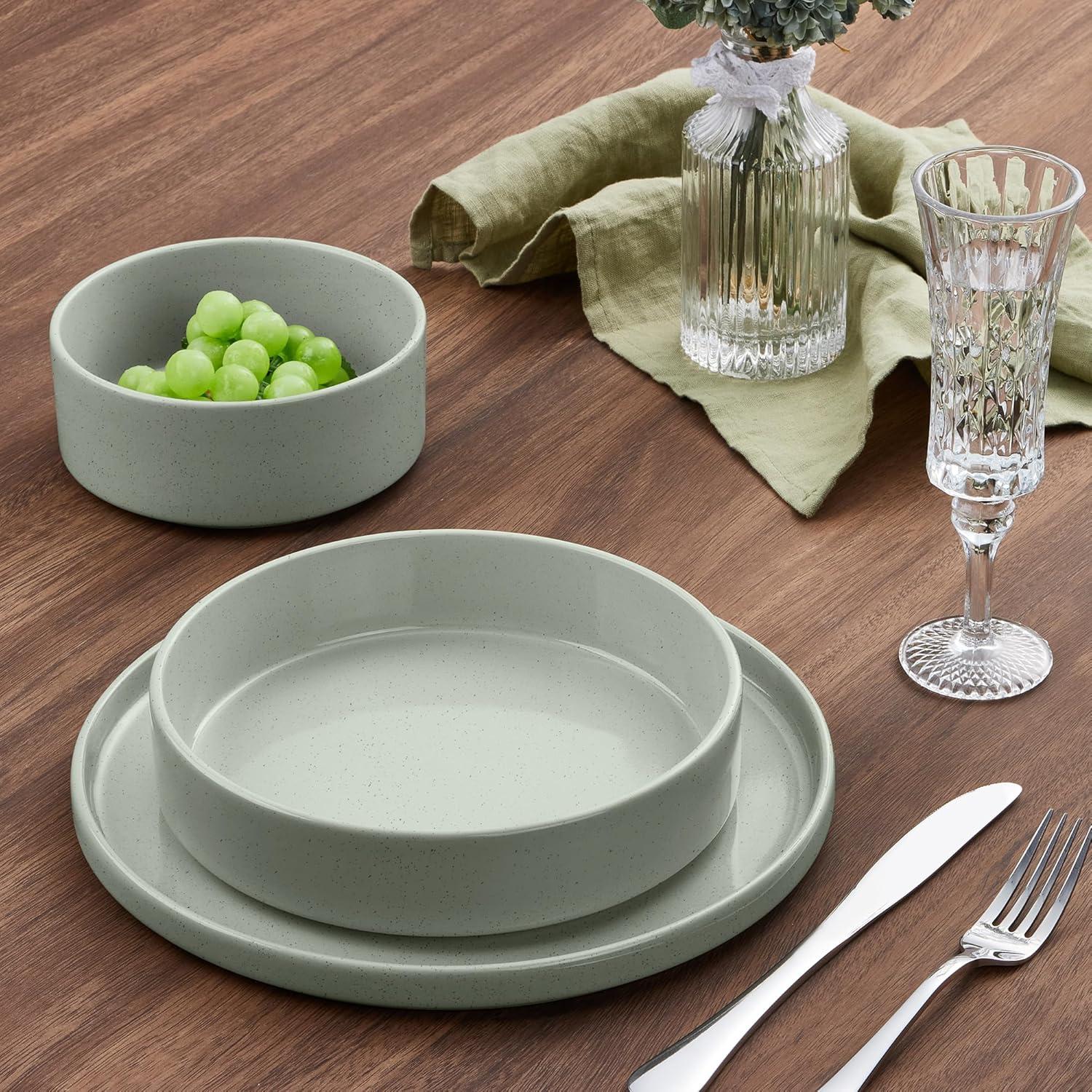 imageEfar Pasta Bowls Set of 435oz Shallow Ceramic Bowl Plates for Serving Dinner Soup amp Salad Stoneware Pasta Plates Microwave amp Dishwasher Safe Matte BlackMist Green