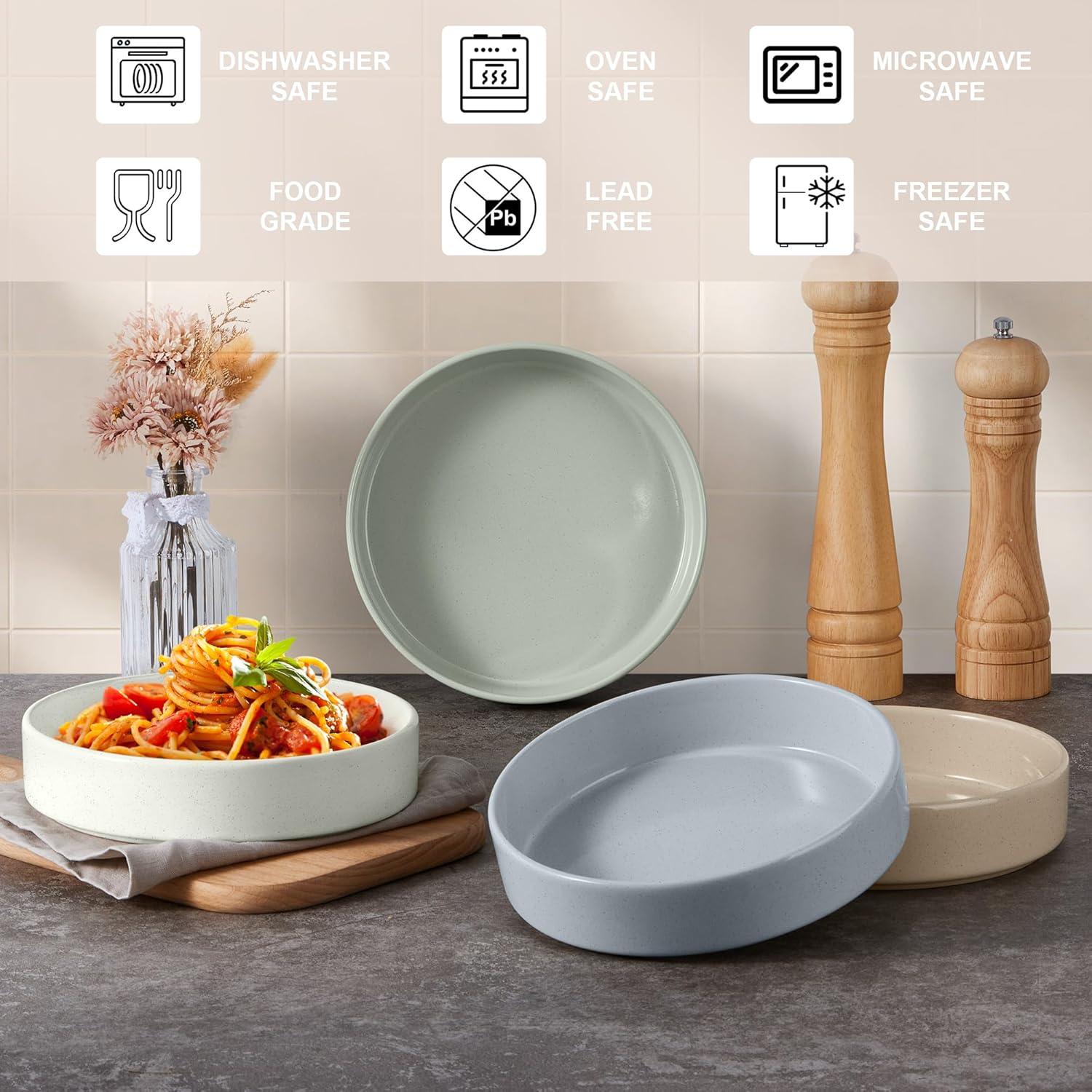 imageEfar Pasta Bowls Set of 435oz Shallow Ceramic Bowl Plates for Serving Dinner Soup amp Salad Stoneware Pasta Plates Microwave amp Dishwasher Safe Matte BlackMulticolor