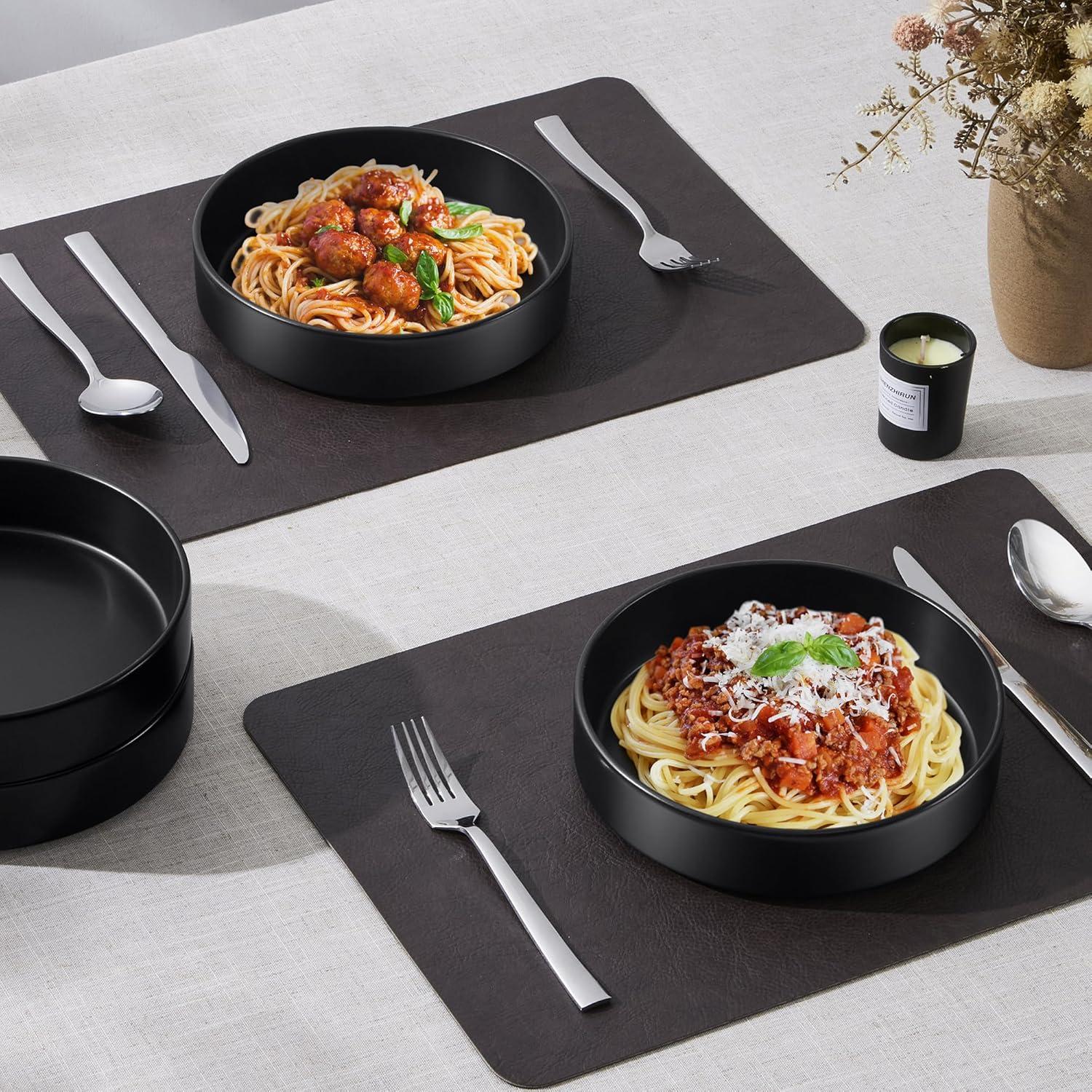 imageEfar Pasta Bowls Set of 435oz Shallow Ceramic Bowl Plates for Serving Dinner Soup amp Salad Stoneware Pasta Plates Microwave amp Dishwasher Safe Matte BlackMatte Black