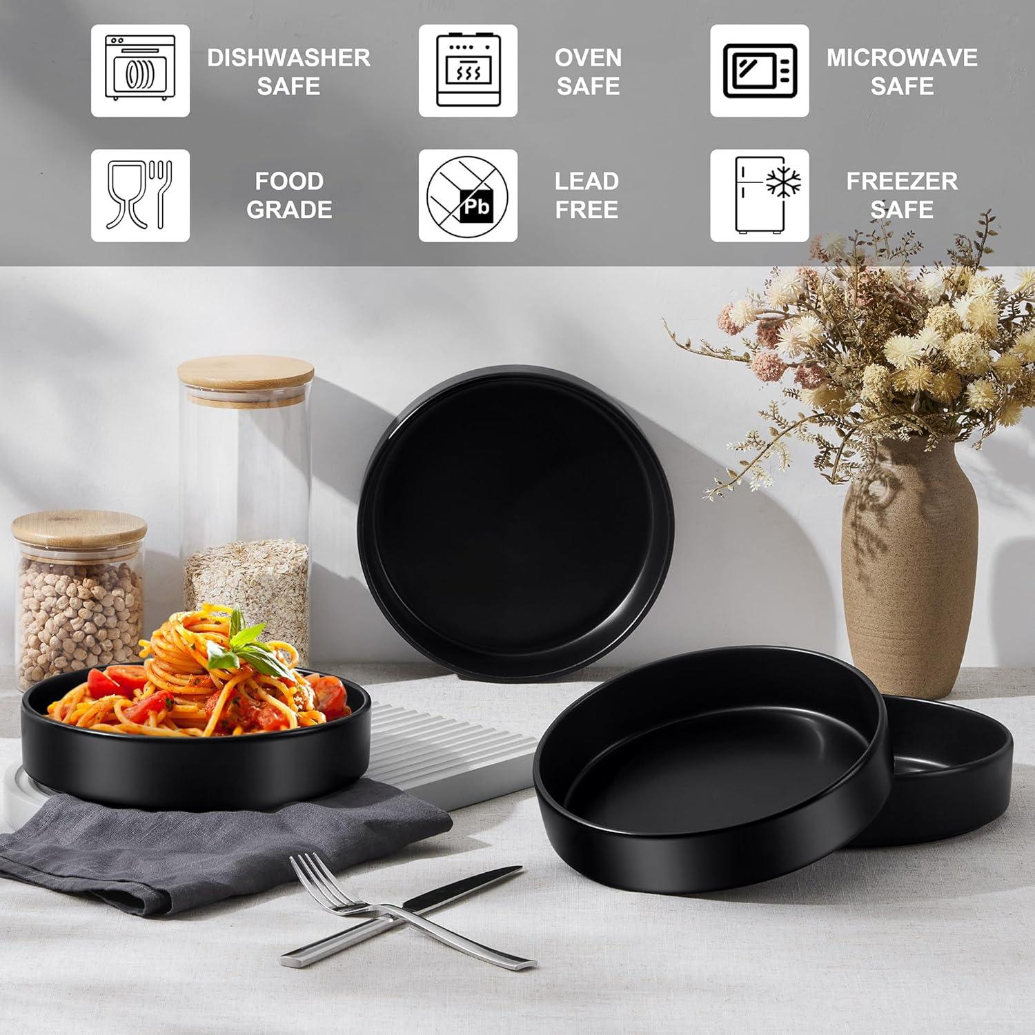 imageEfar Pasta Bowls Set of 435oz Shallow Ceramic Bowl Plates for Serving Dinner Soup amp Salad Stoneware Pasta Plates Microwave amp Dishwasher Safe Matte BlackMatte Black